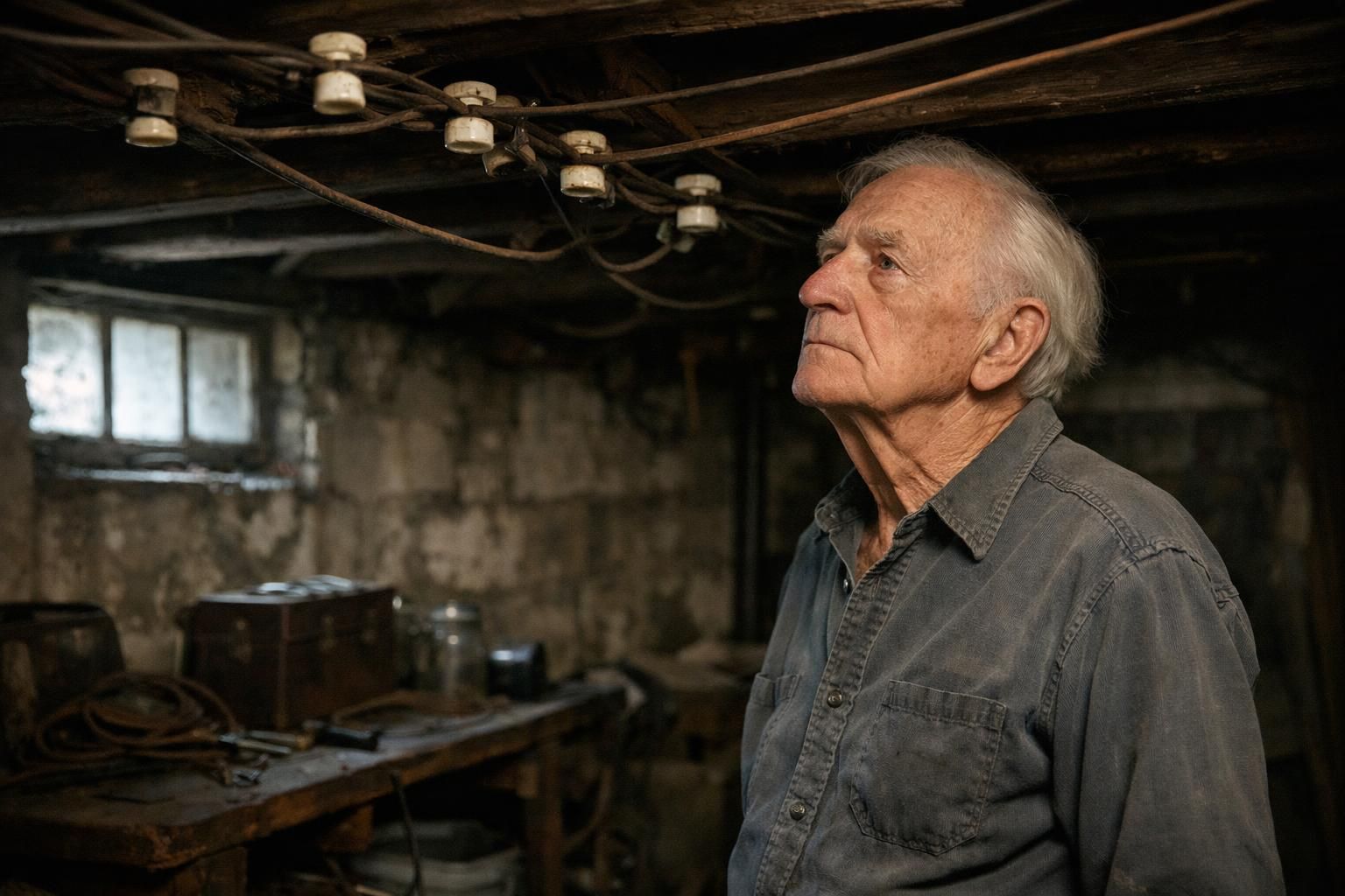 An elderly man inspects vintage knob-and-tube wiring in a basement.
