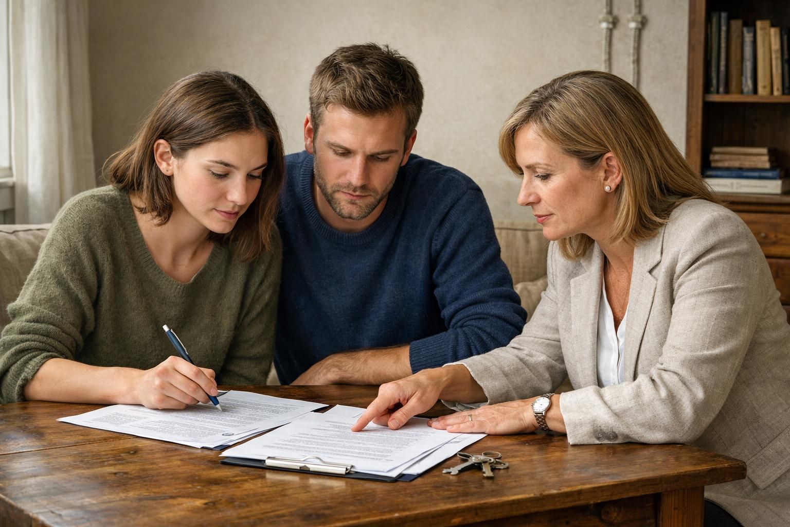 A couple reviews real estate documents with an empathetic agent present.