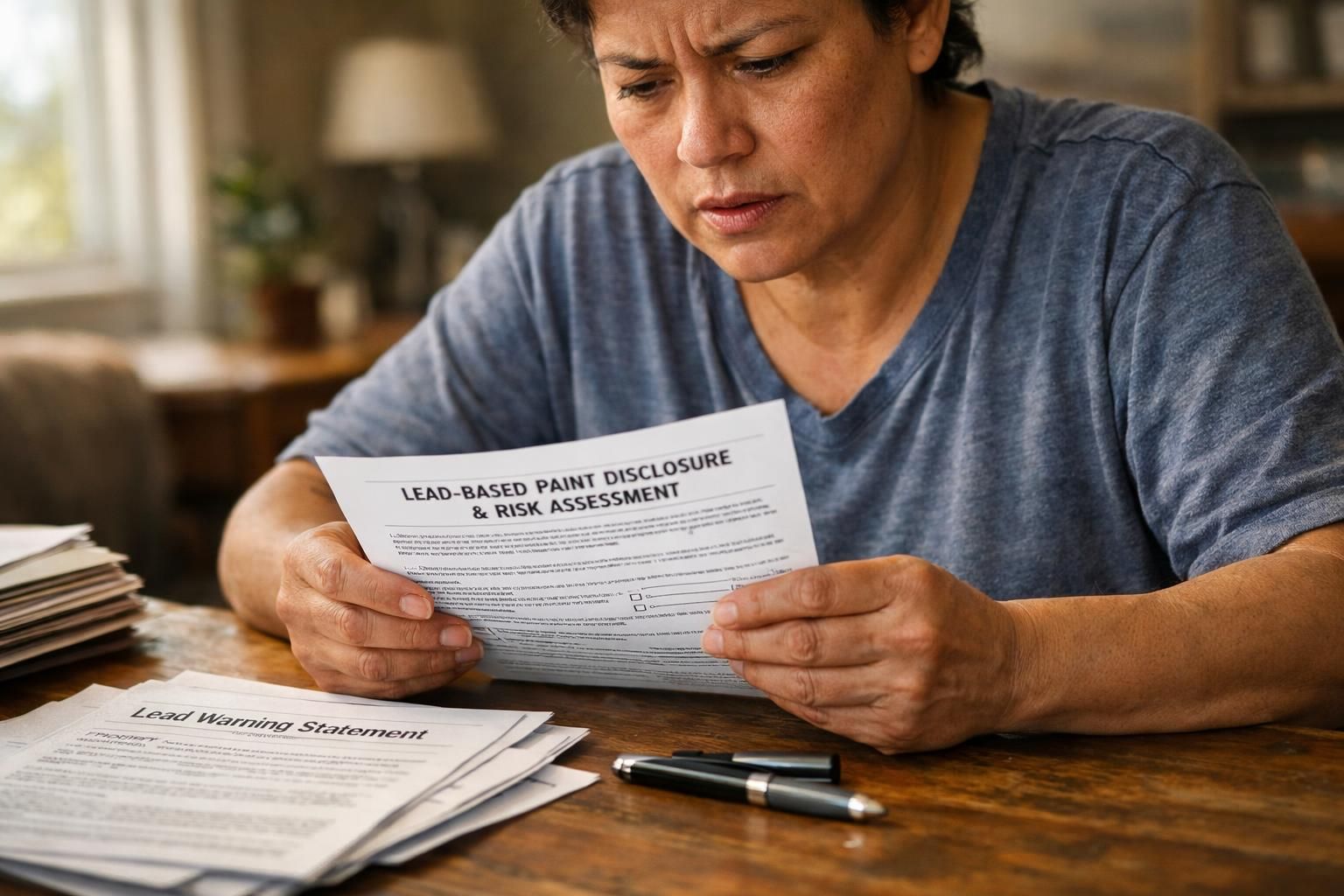 A stressed homeowner reviews real estate documents at a cluttered desk.
