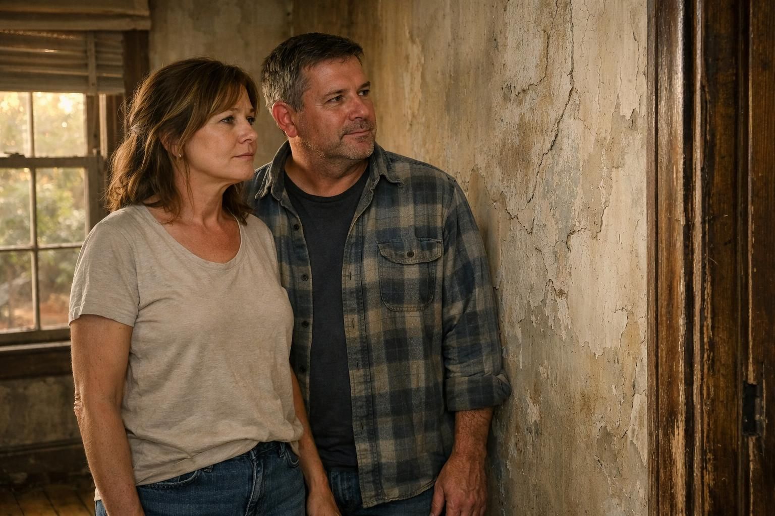 A couple inspects an aging home's worn interior, contemplating renovation.