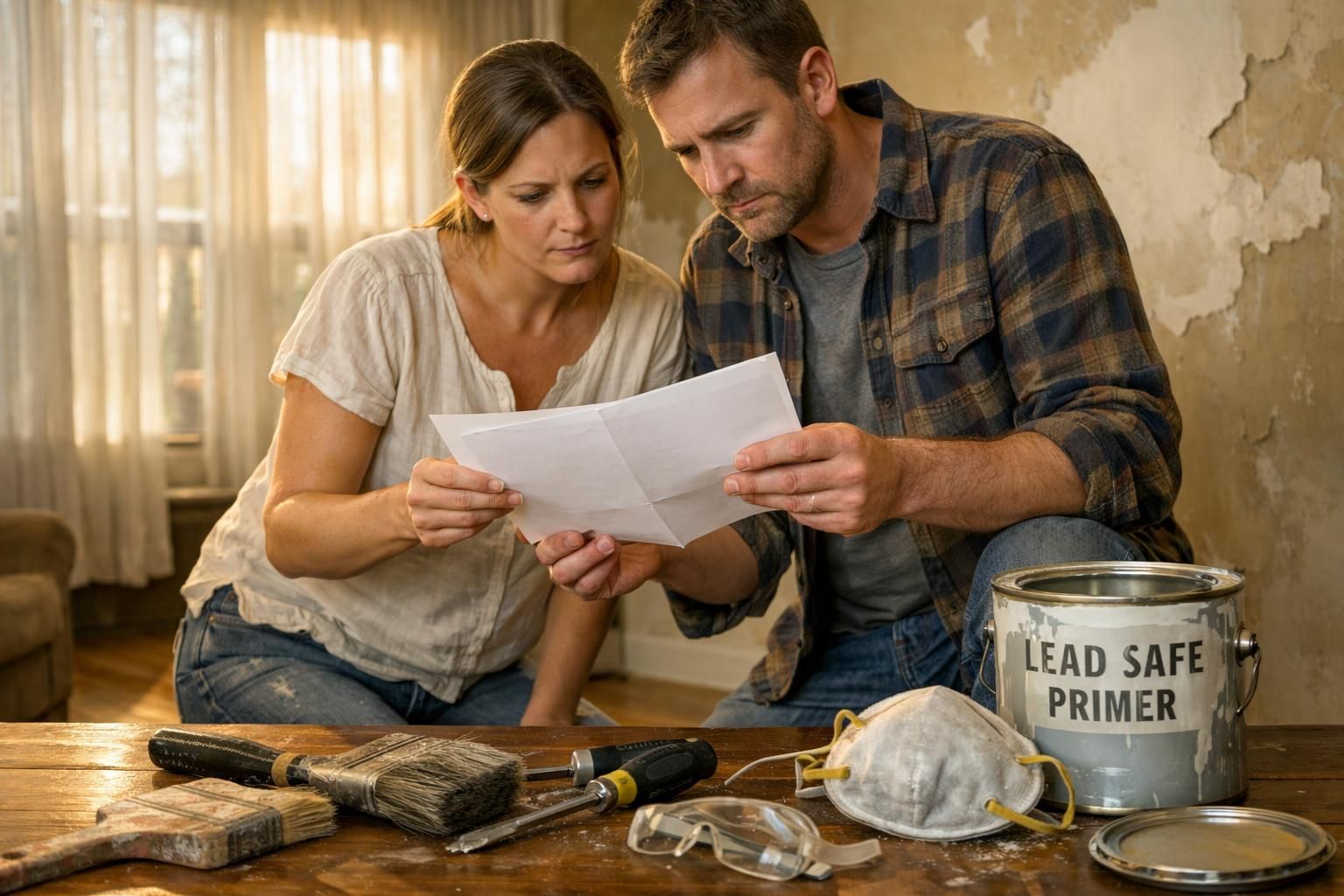 A couple deliberates over renovation plans in a cluttered living room.