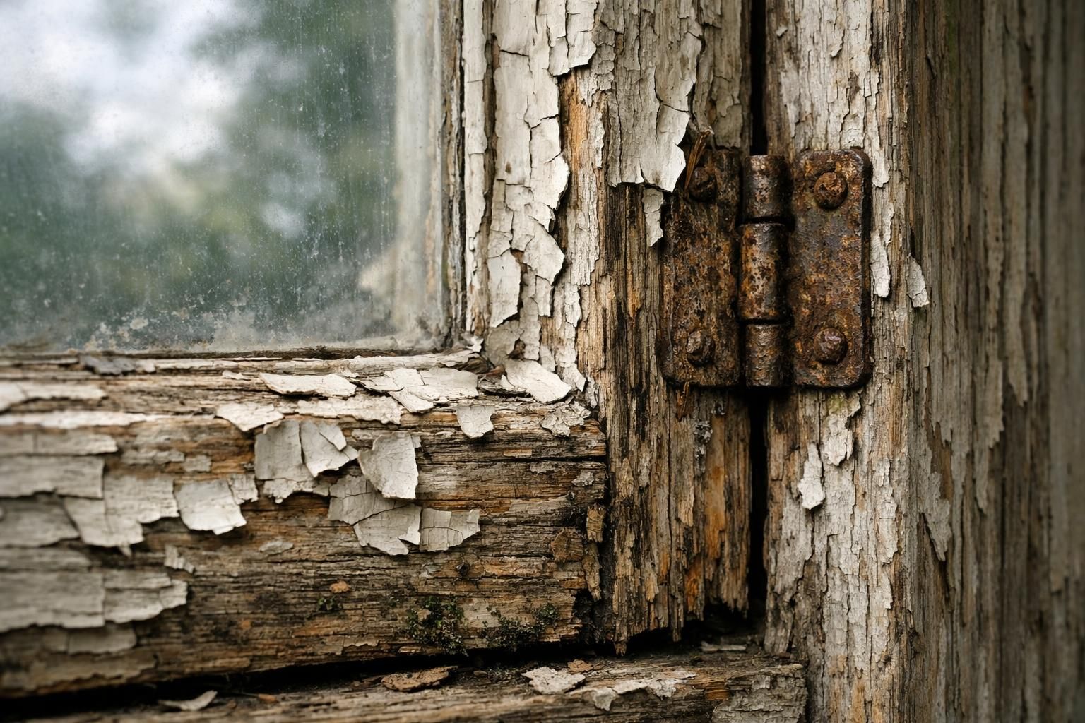 Close-up of a weathered wooden window frame with peeling lead paint.