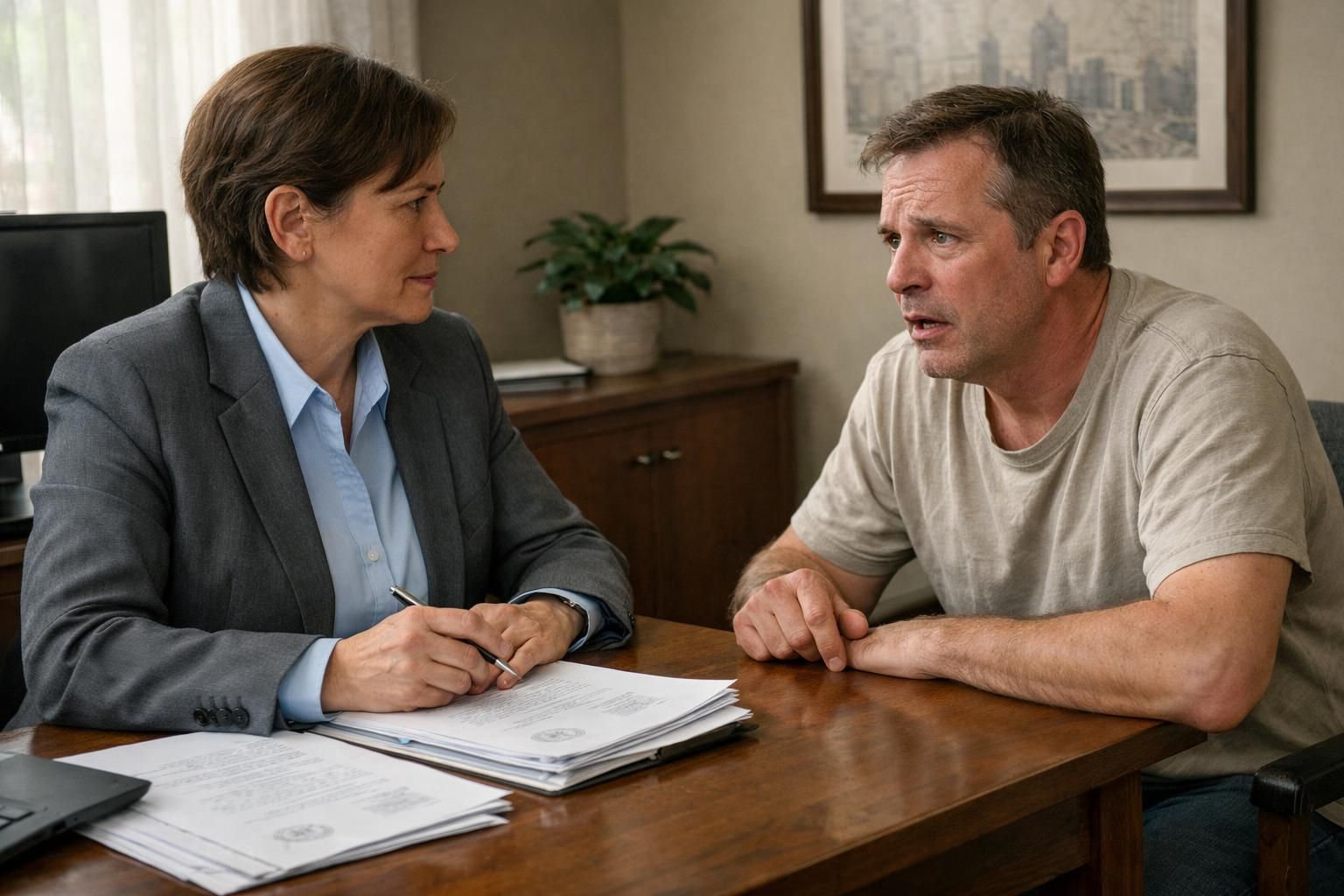 A real estate attorney consults a worried homeowner in a modest office.