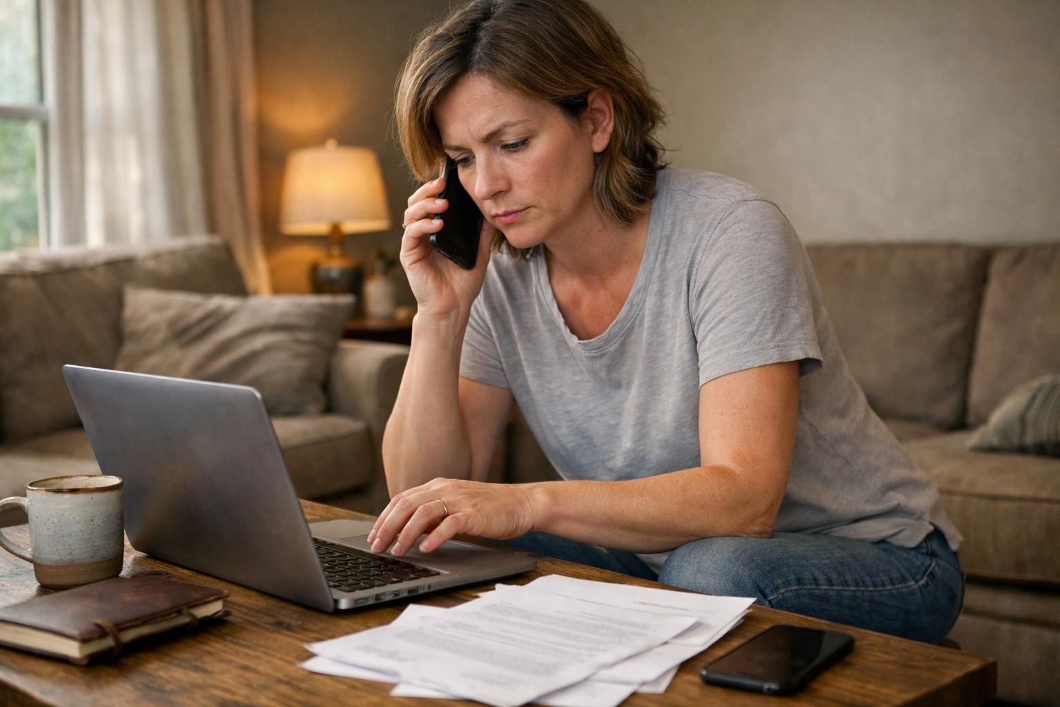 A focused individual navigates home sale complexities in a cozy living room.