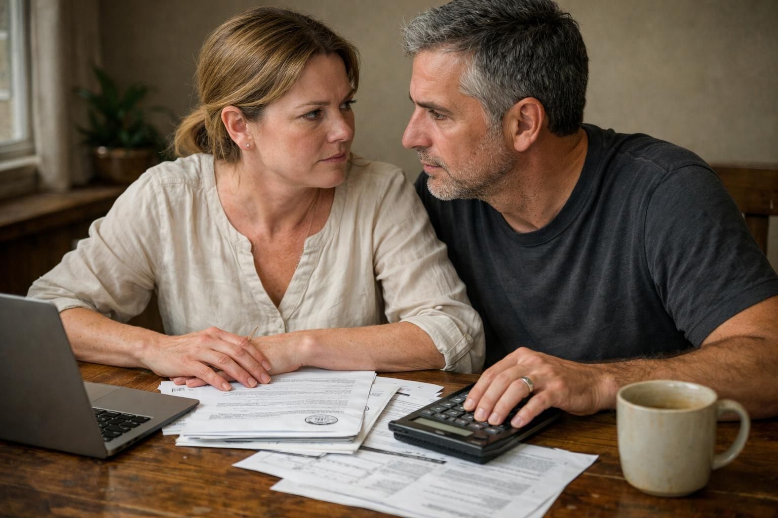A concerned couple discusses real estate documents at their dining table.