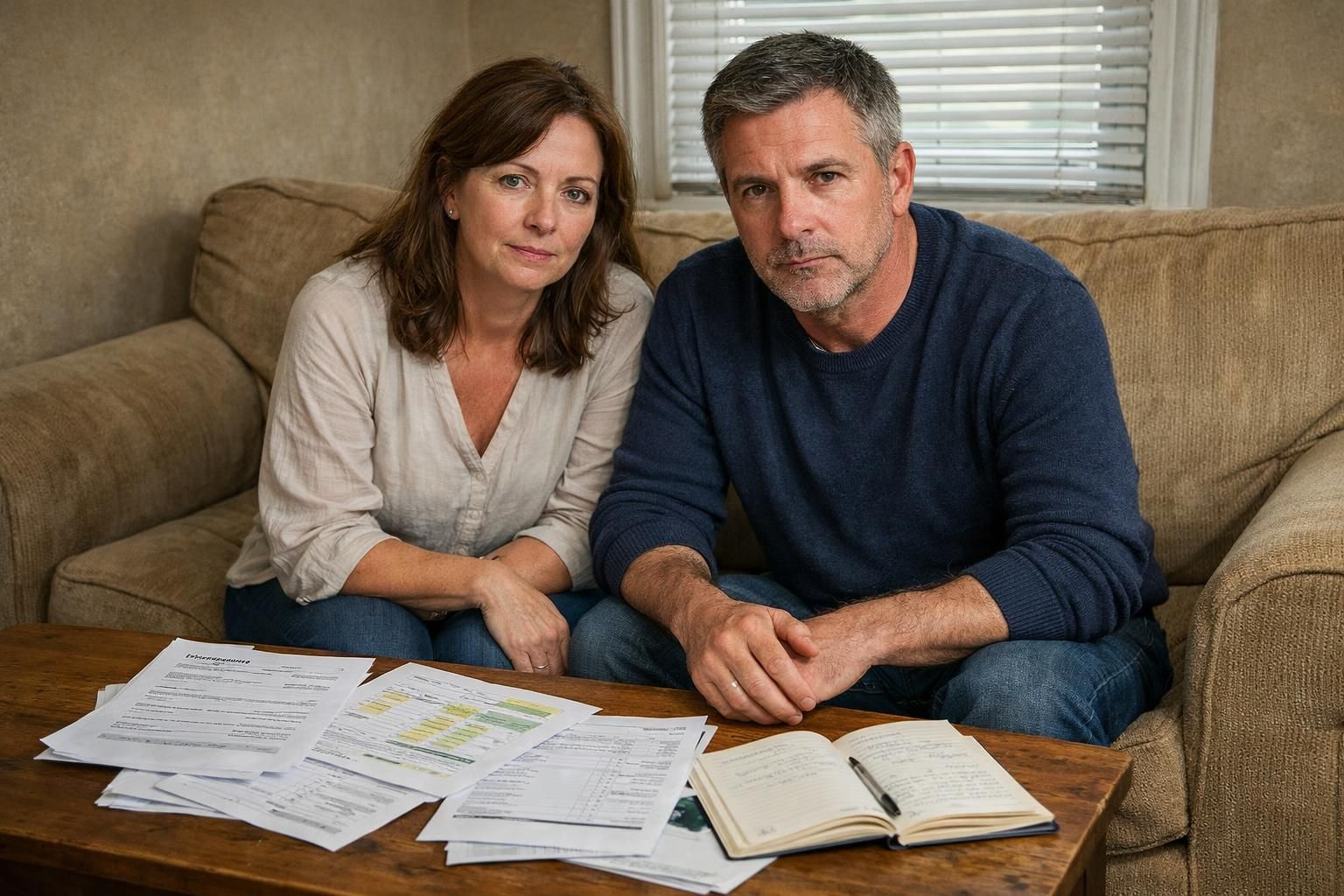 A concerned couple discusses finances on a worn sofa.