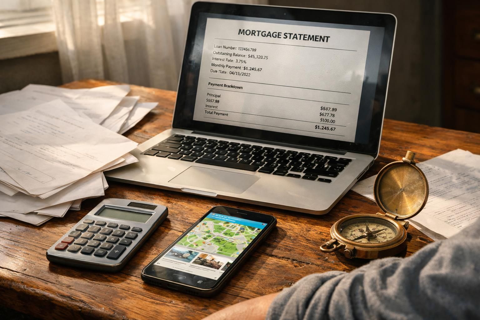 A cluttered oak desk with documents and tech for real estate work.