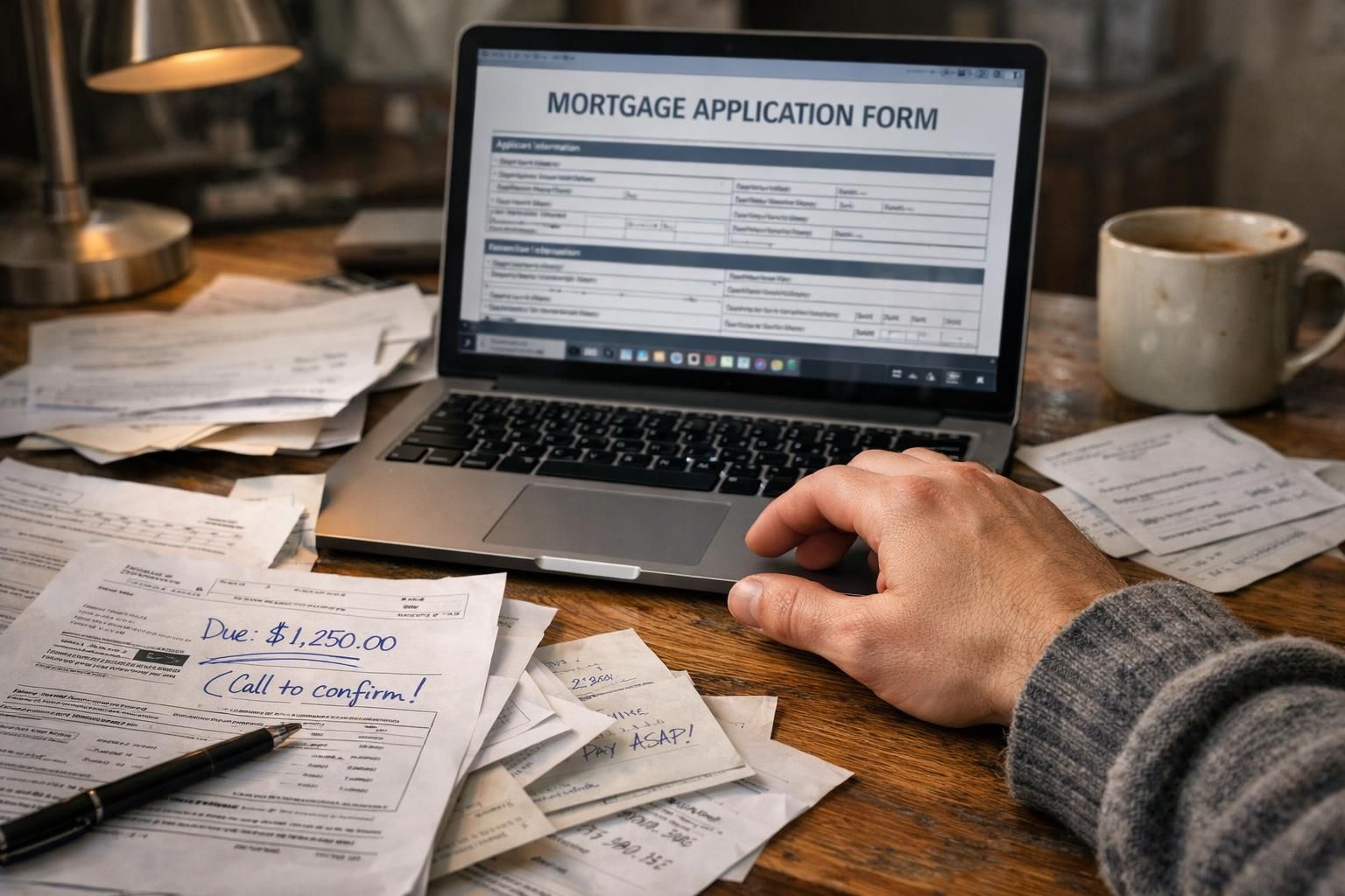 A cluttered home office desk with paperwork and a laptop.
