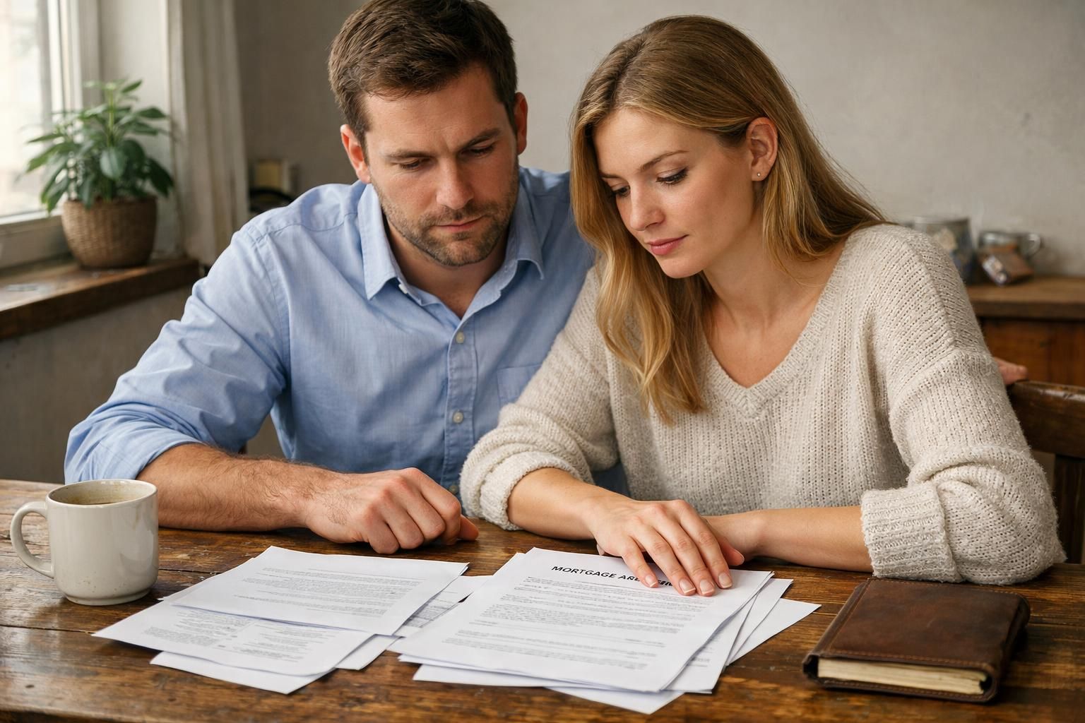 A couple reviews mortgage documents at a worn wooden desk.