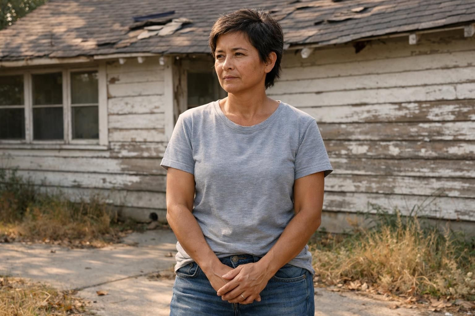 A homeowner stands pensively in front of a weathered house.