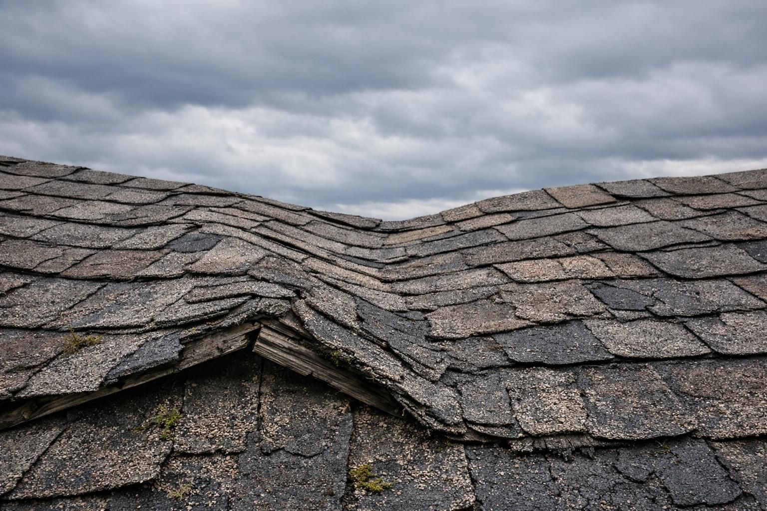 A weathered roof with cracked shingles and moss shows significant deterioration.