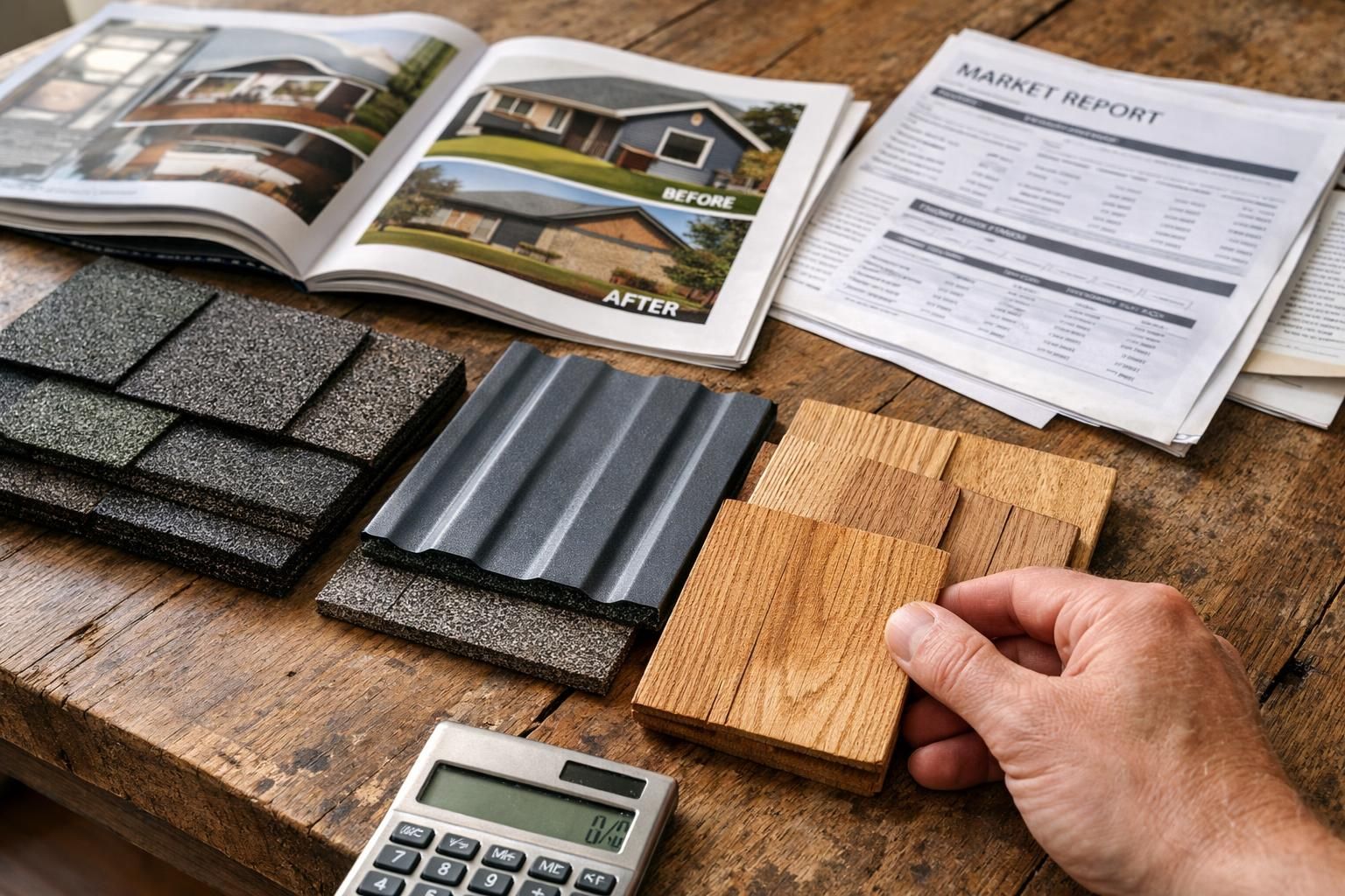 A person examines various roofing material samples on an oak table.