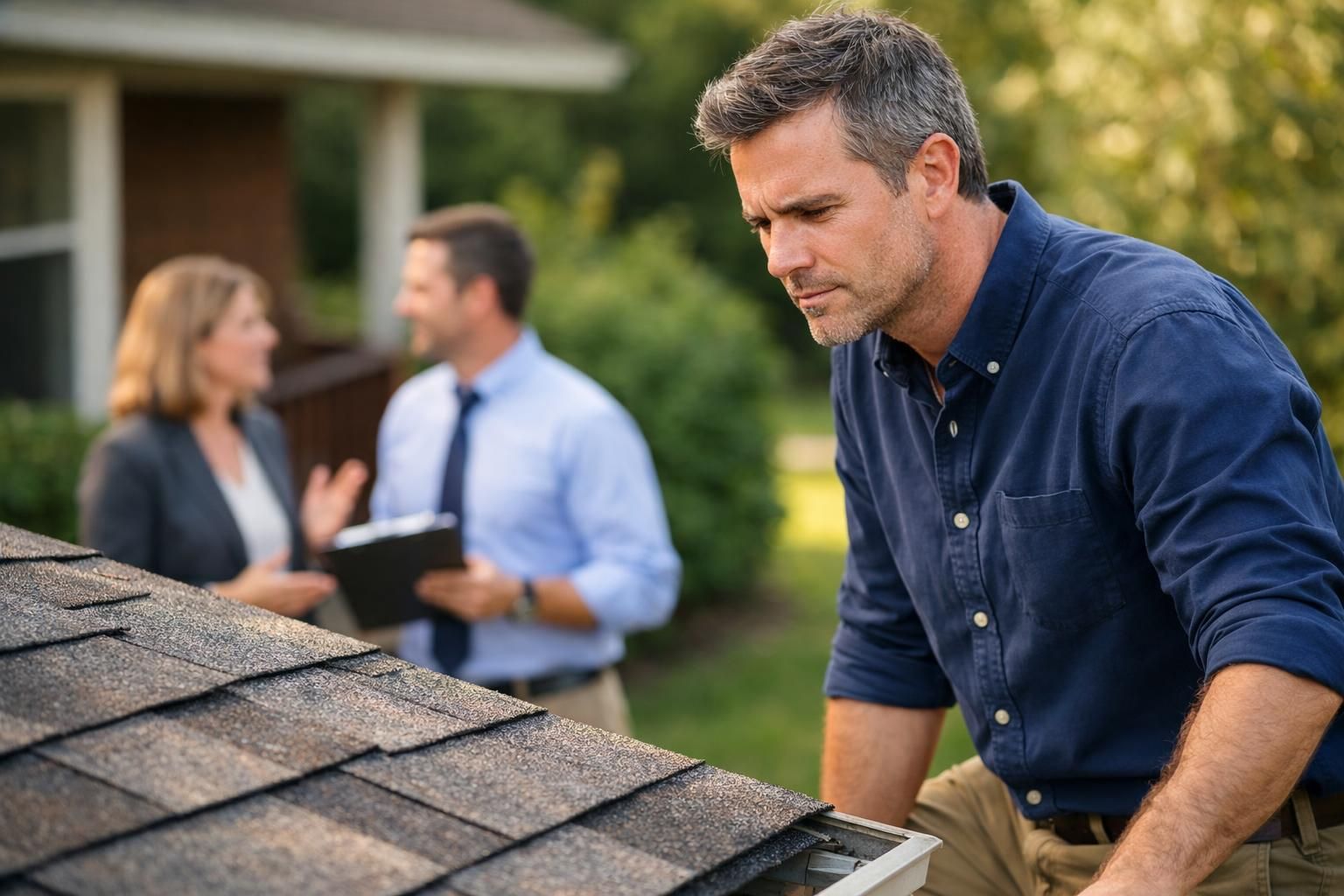 A man inspects a suburban roof while others discuss home selling.
