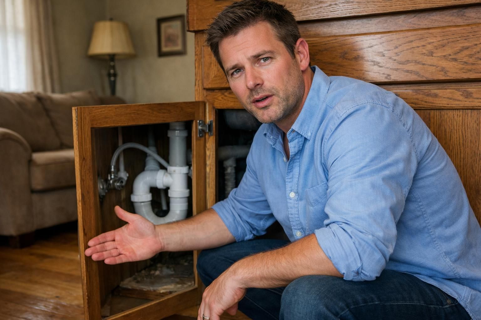 A man discusses plumbing issues in a modest living room.