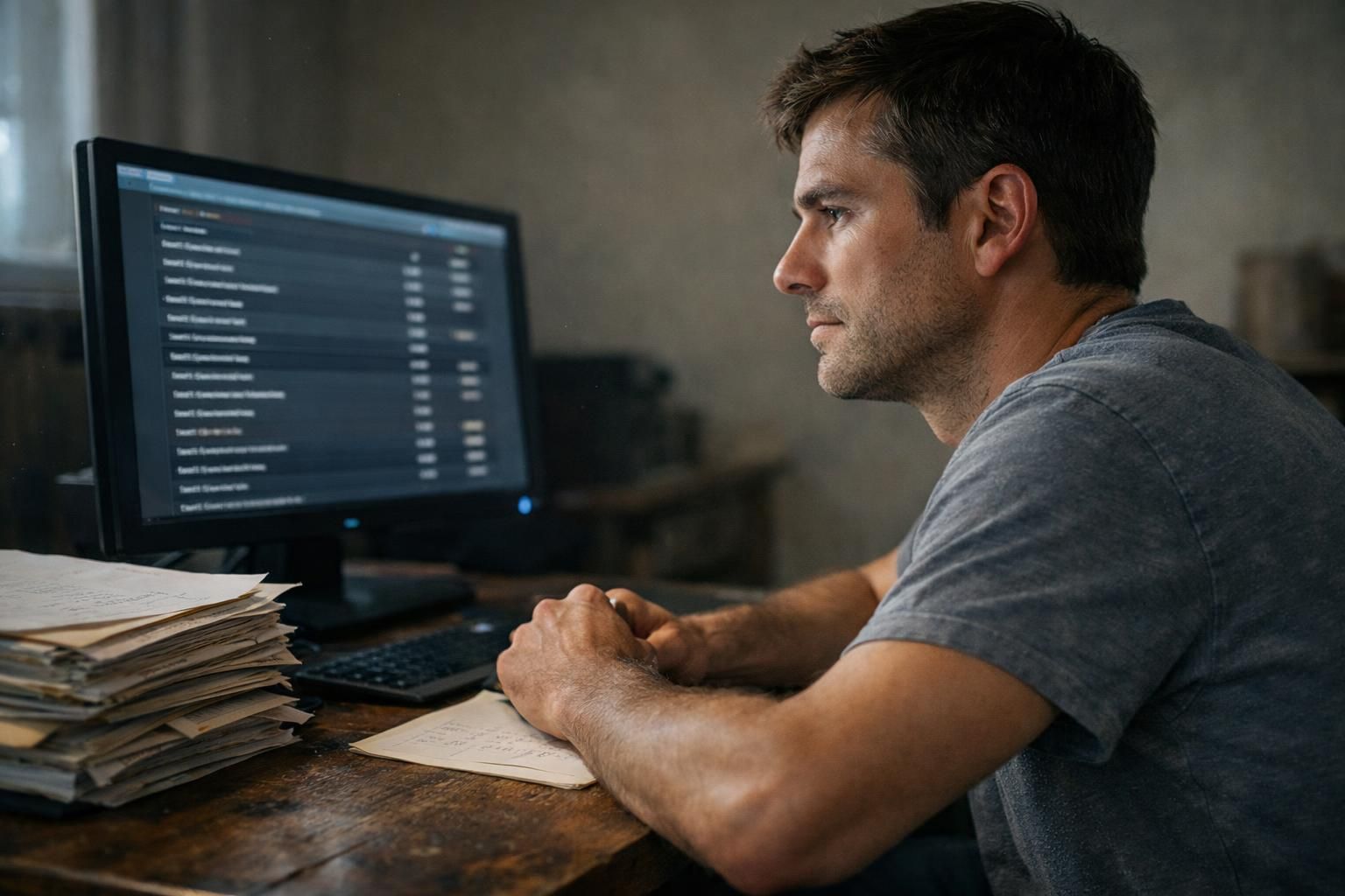 A focused person sits at a cluttered wooden desk with a computer.