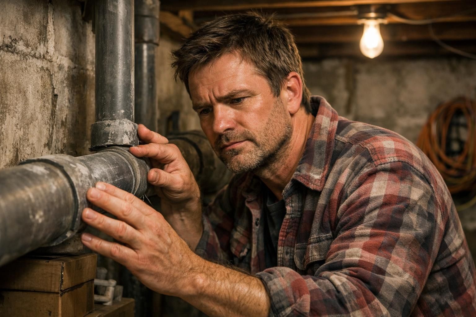A concerned man examines aging pipes in a cluttered basement.