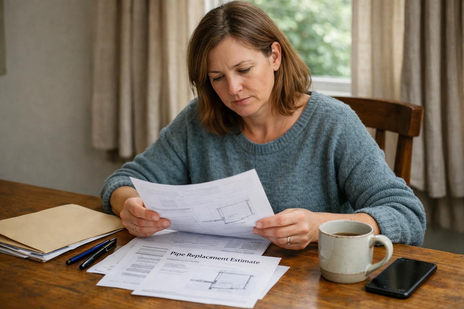 A woman reviews paperwork at a cozy, lived-in dining table.