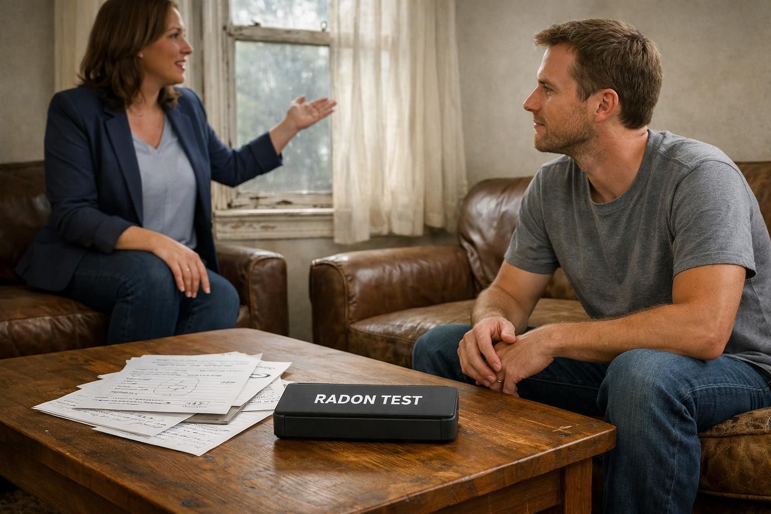 A homebuyer and agent discuss a property in a vintage living room.