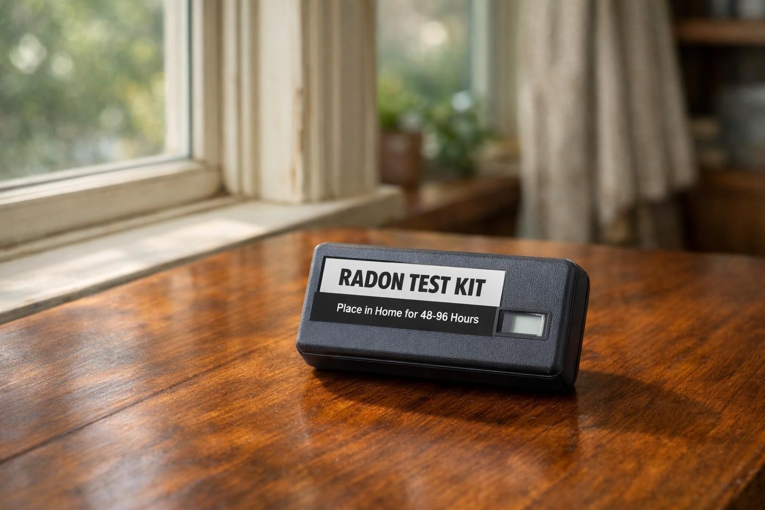 A radon test kit rests on a polished wooden table.