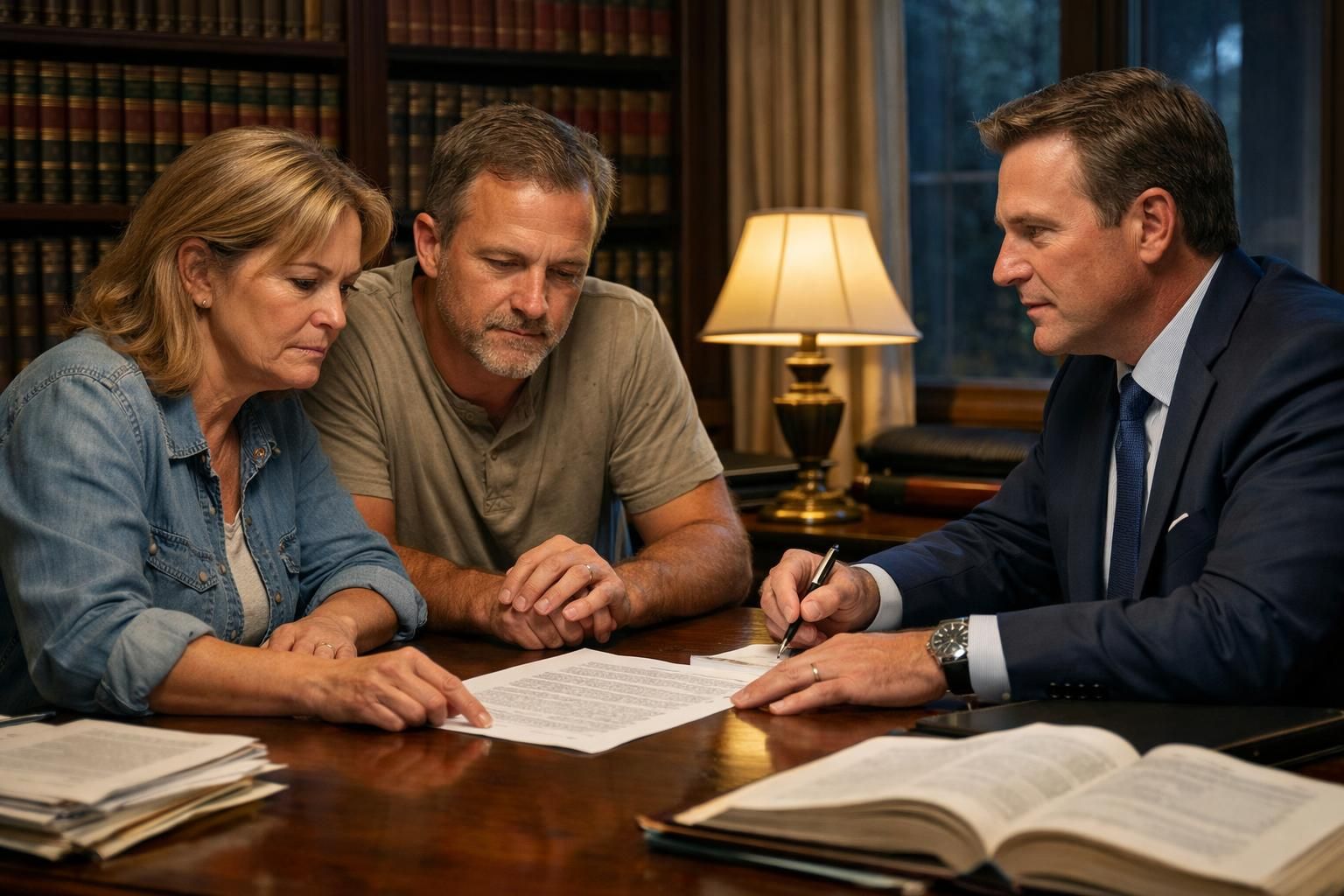 A couple consults a real estate attorney about financial decisions.