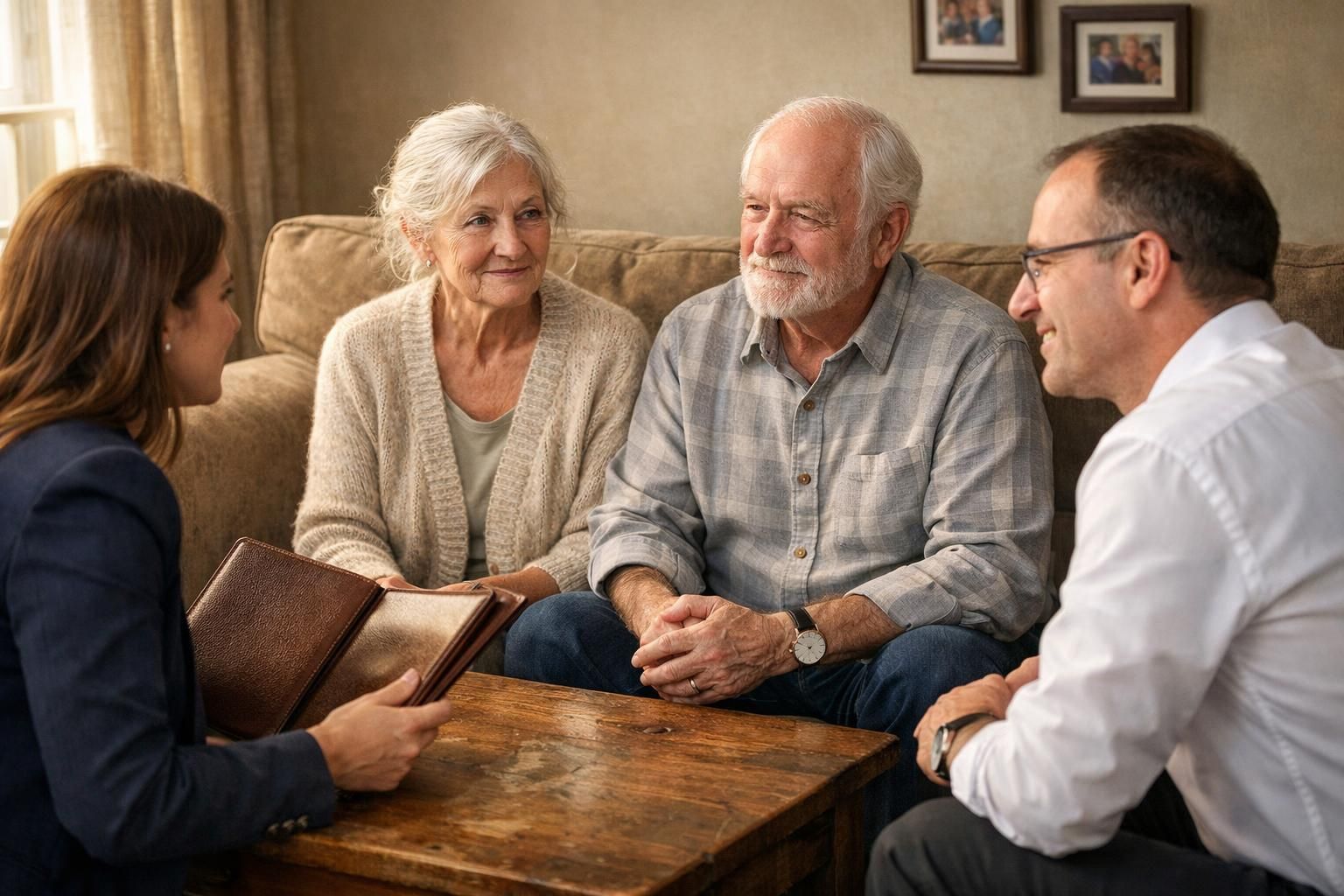 An elderly couple consults with a real estate agent and mortgage broker.