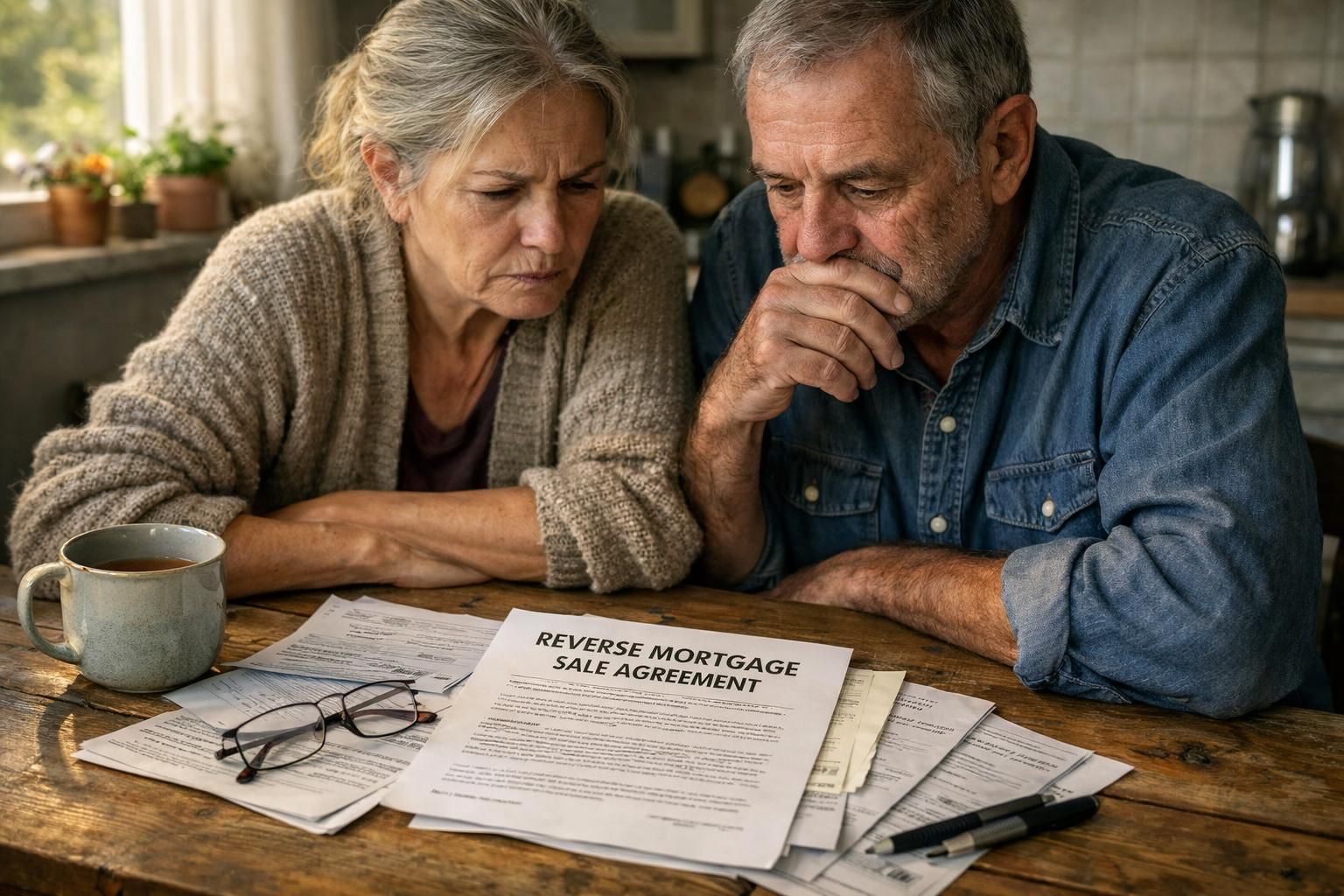 An elderly couple discusses financial paperwork at their kitchen table.
