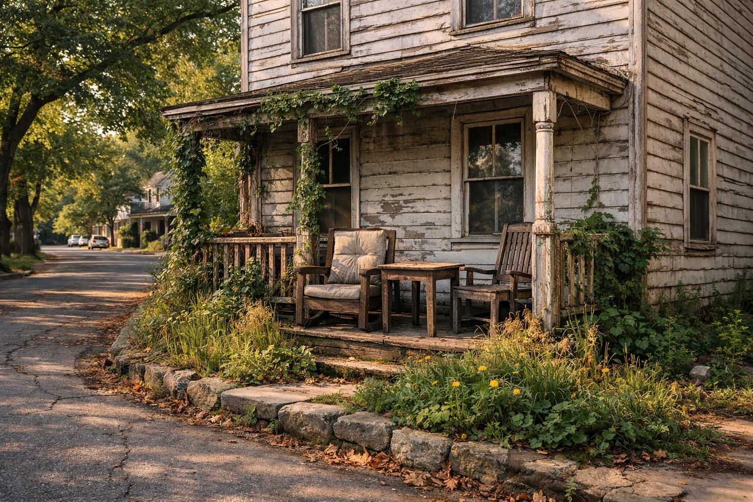 An aged wooden house with overgrown gardens and weathered furniture.