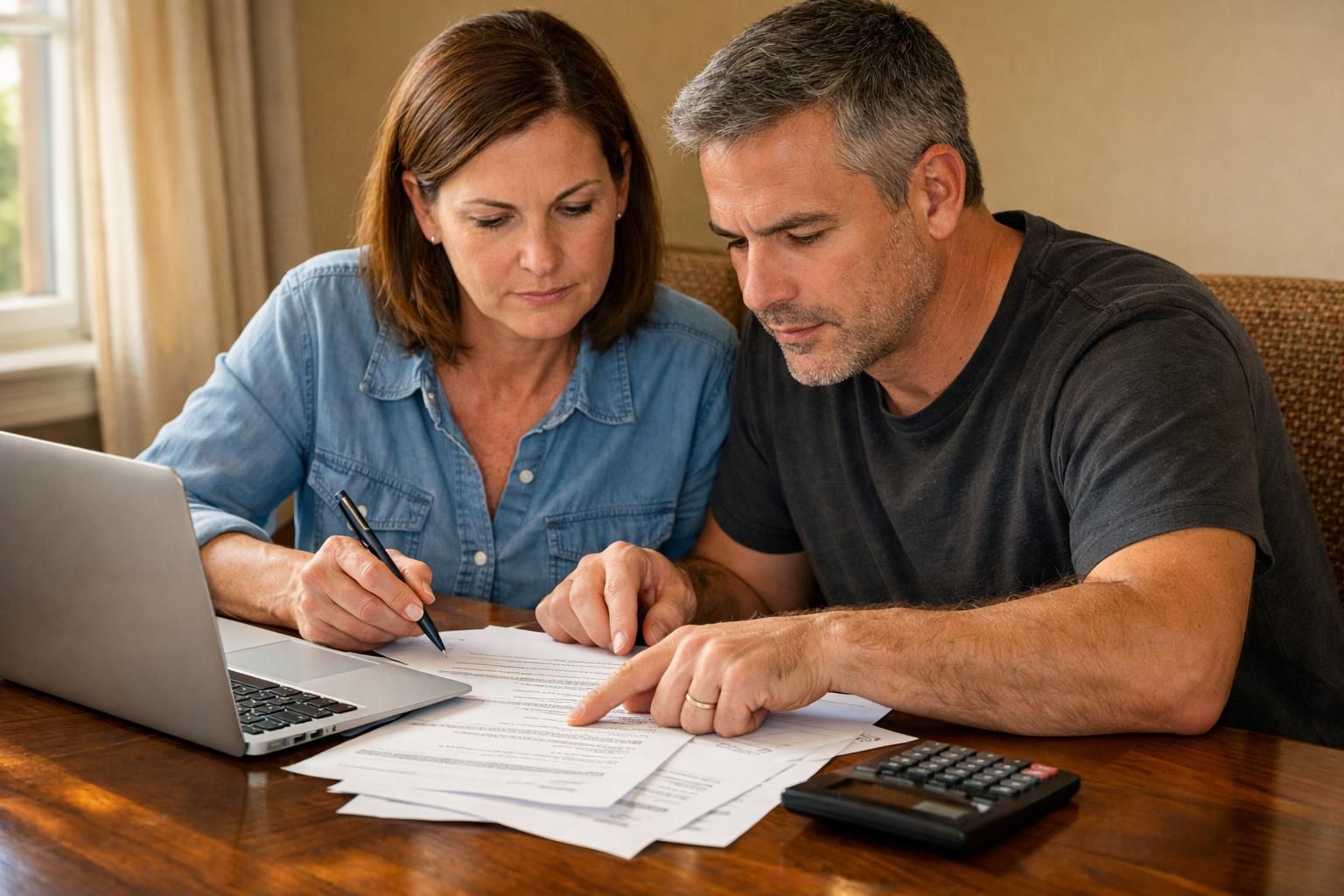 A couple reviews documents, focused on finalizing their home sale. A couple reviews documents, focused on finalizing their home sale.
