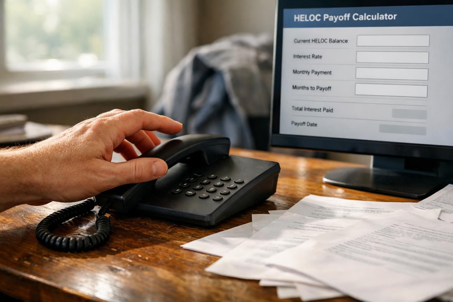 A cluttered home office desk with a phone and calculator. A cluttered home office desk with a phone and calculator.