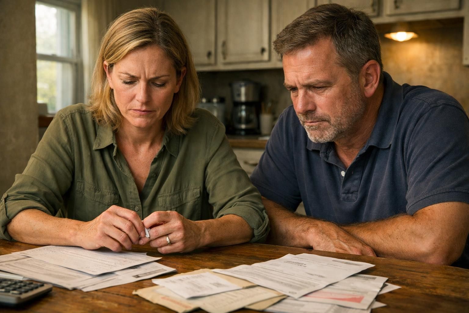 A couple discusses serious paperwork at an worn kitchen table. A couple discusses serious paperwork at an worn kitchen table.