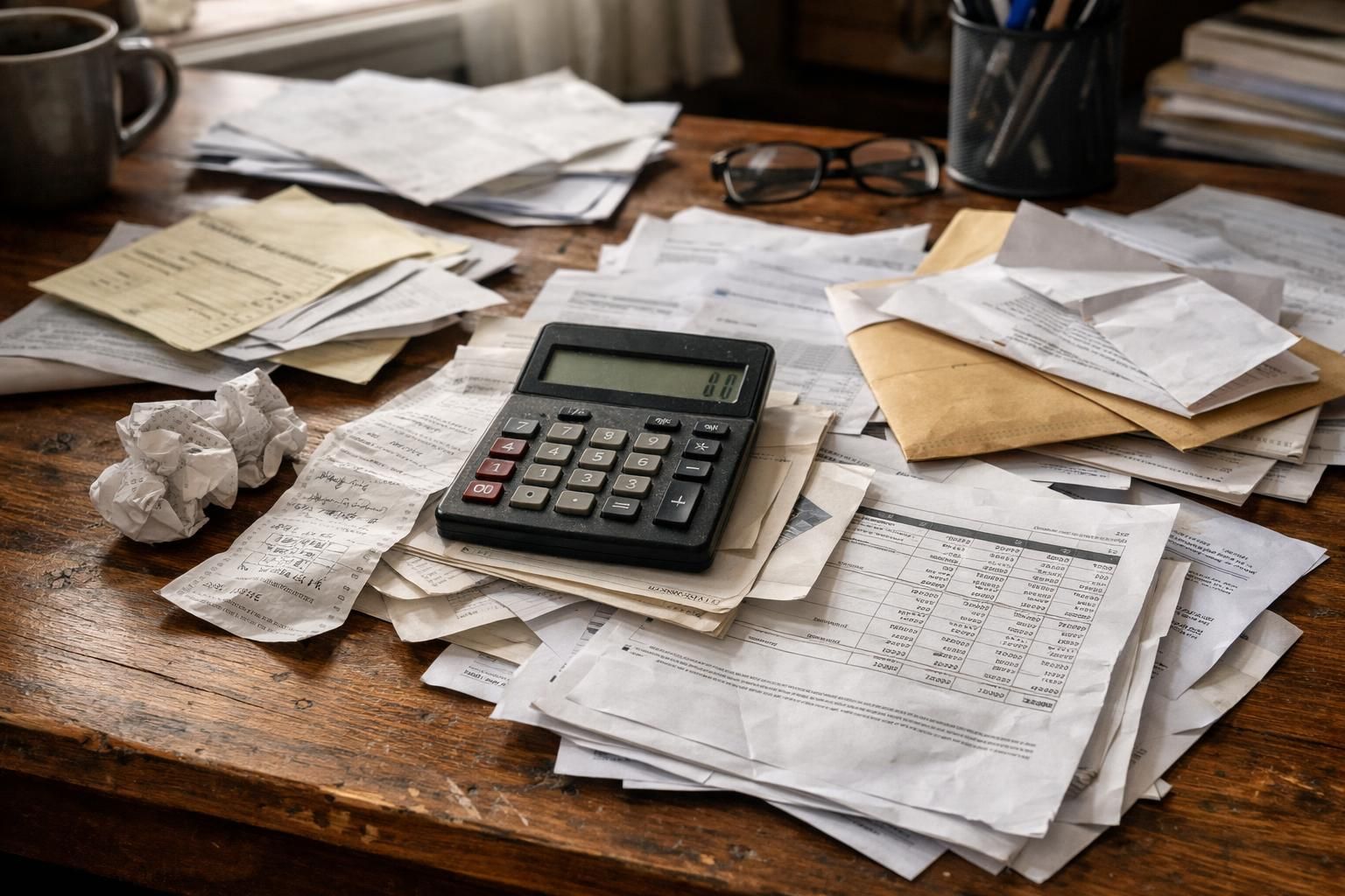 A cluttered home office desk filled with papers and a calculator. A cluttered home office desk filled with papers and a calculator.