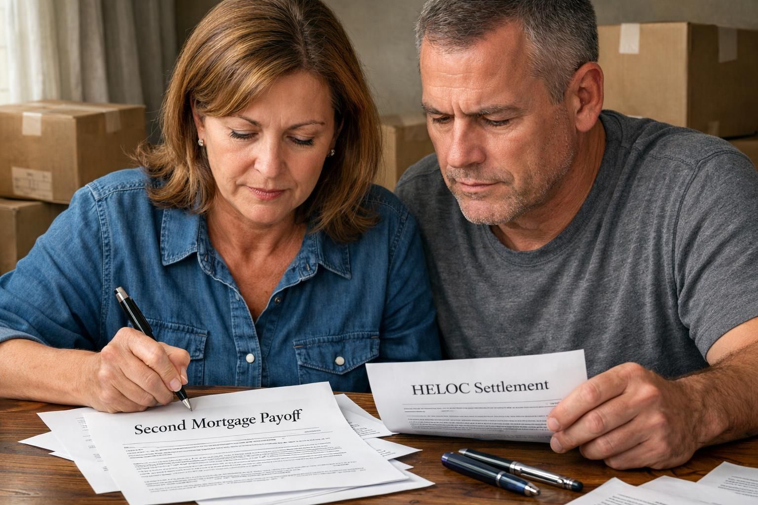 A couple focuses on paperwork at a wooden desk amid moving boxes. A couple focuses on paperwork at a wooden desk amid moving boxes.