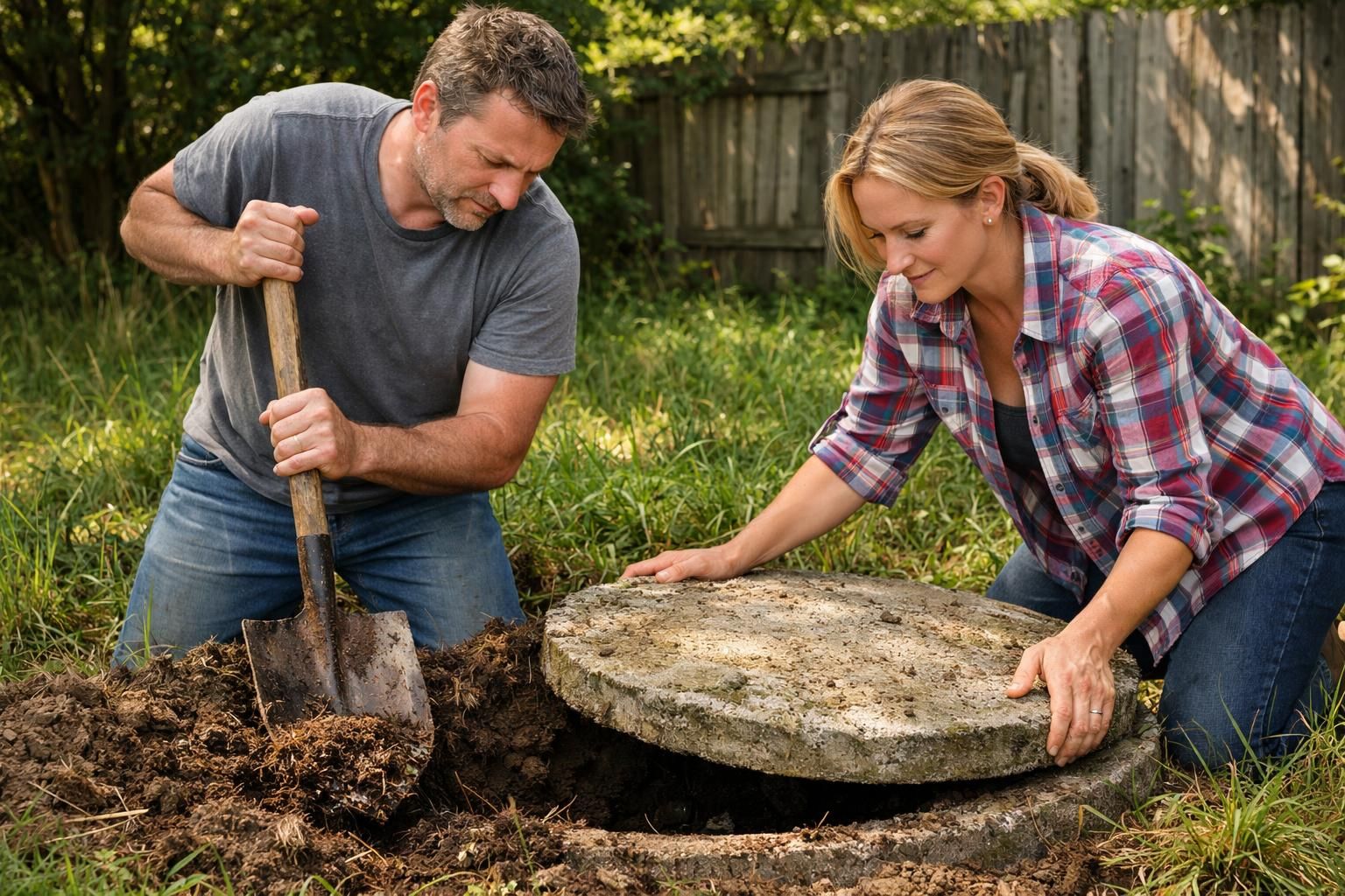 A middle-aged couple works together to uncover a septic tank lid.