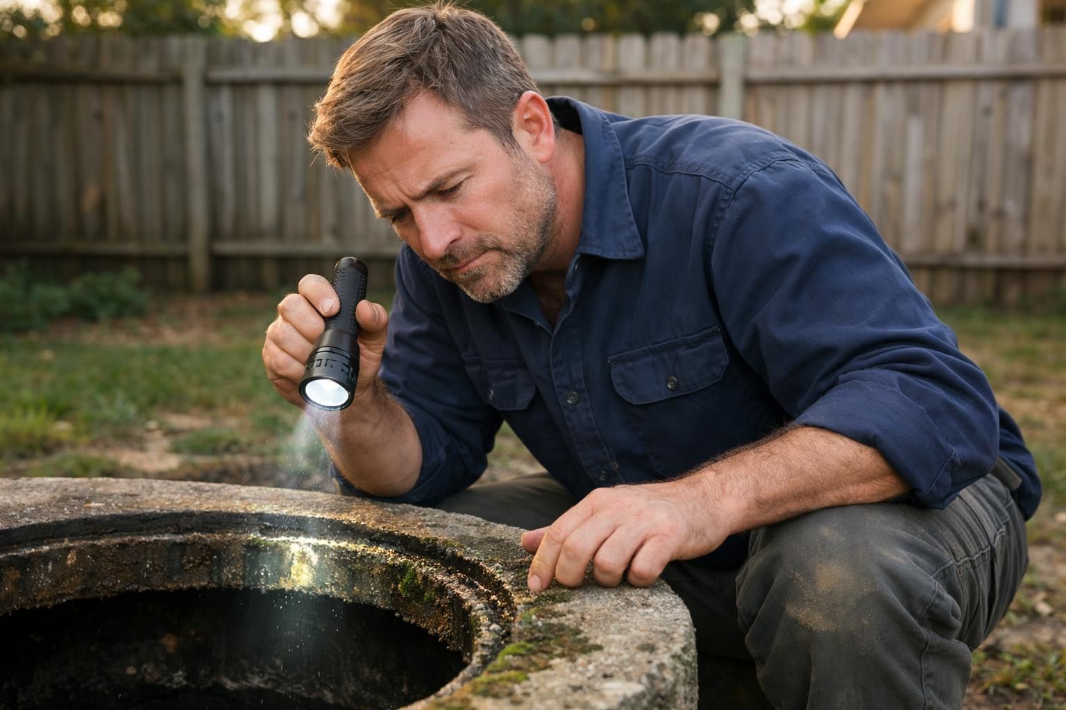 A man inspects a septic tank in a suburban backyard.