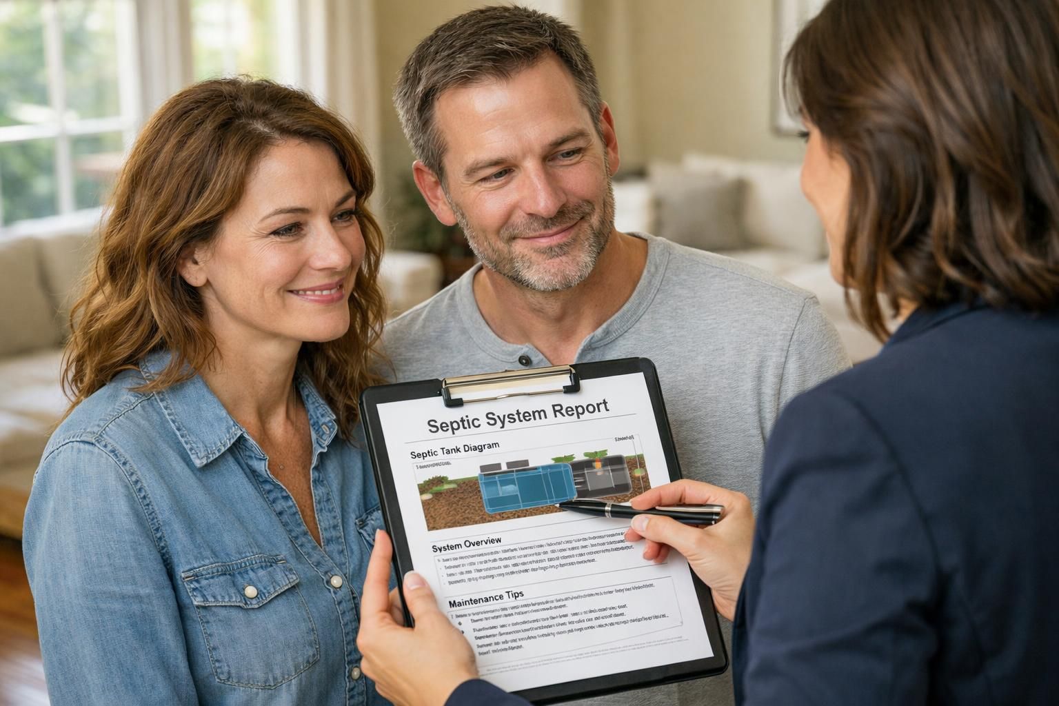 A couple consults a real estate agent in a cozy living room.
