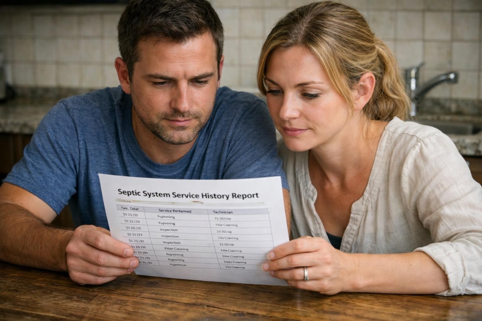 A young couple reviews a septic system service history report.