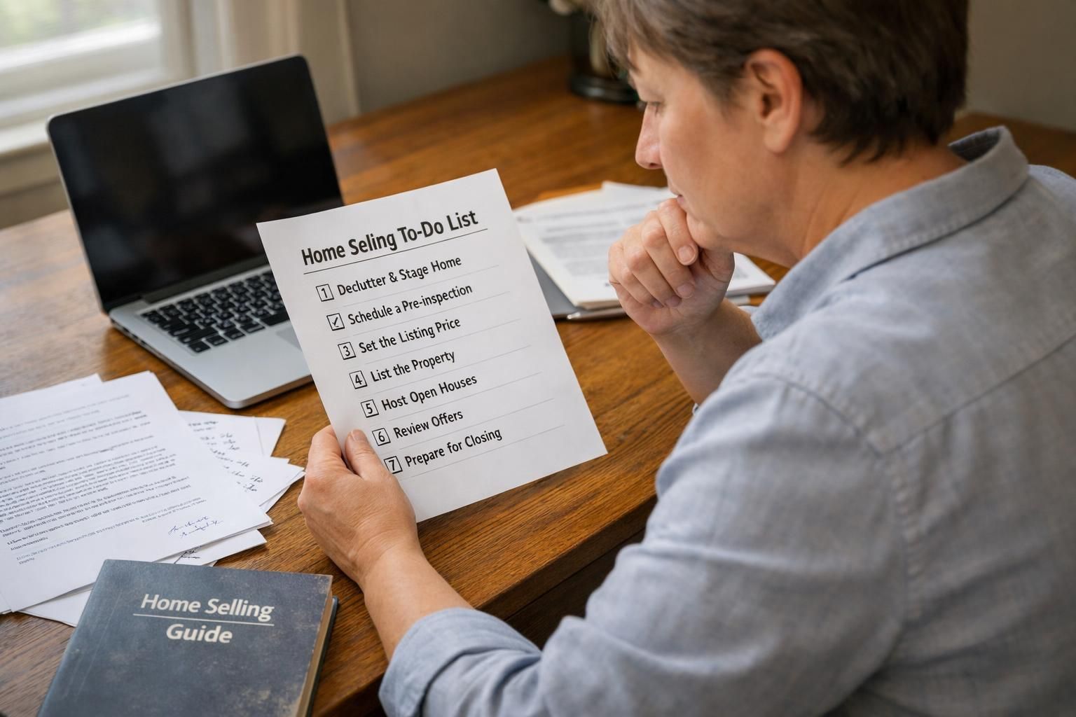 A focused individual works at a desk filled with real estate documents. A focused individual works at a desk filled with real estate documents.