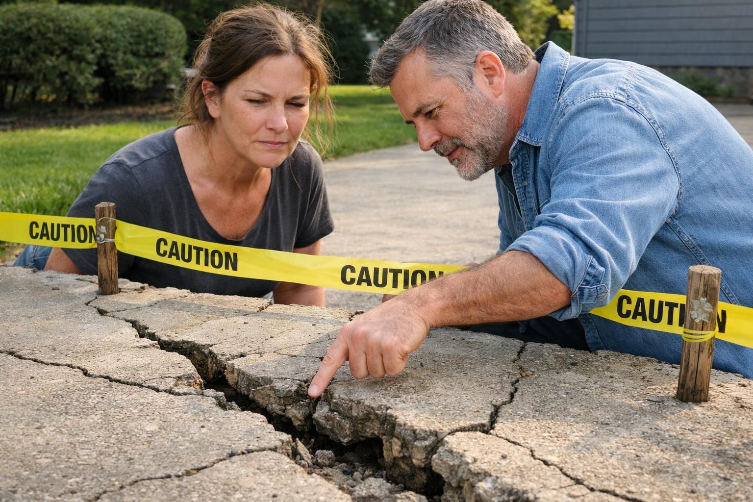 A couple examines cracks in their driveway with concern. A couple examines cracks in their driveway with concern.