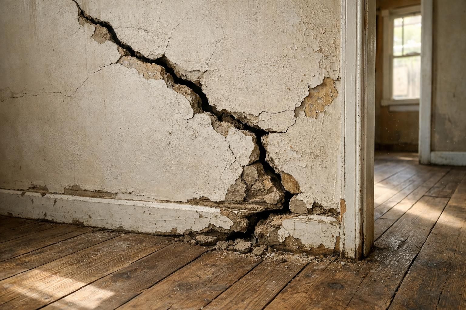 Empty house interior showcasing severe foundation damage and deterioration. Empty house interior showcasing severe foundation damage and deterioration.