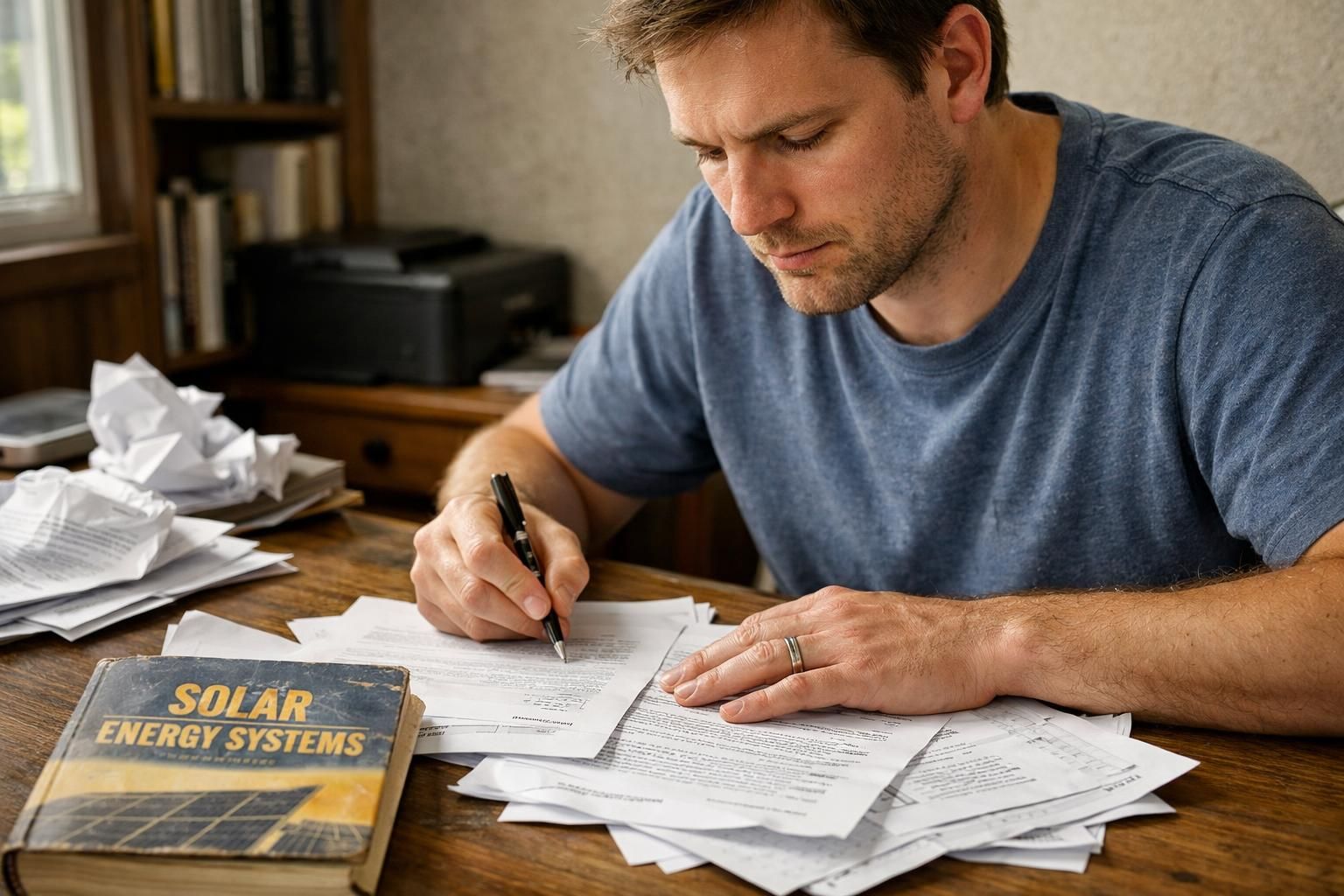 A focused individual works amidst a cluttered home office setup.