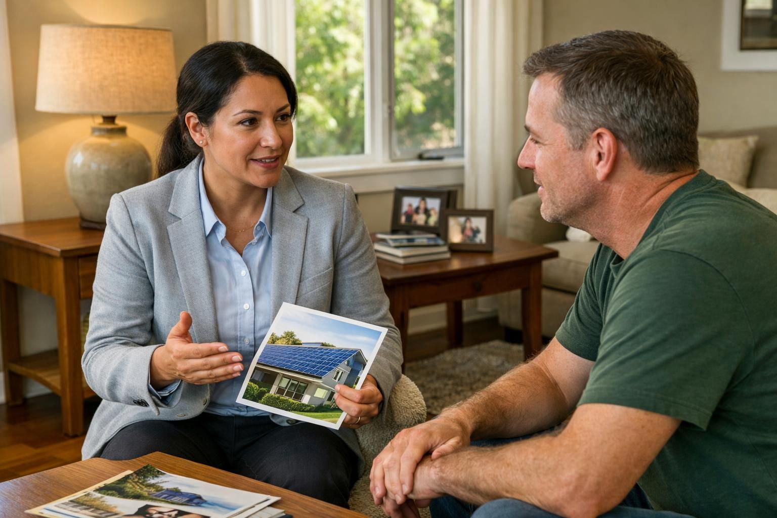 A real estate agent discusses solar panels with a homeowner.
