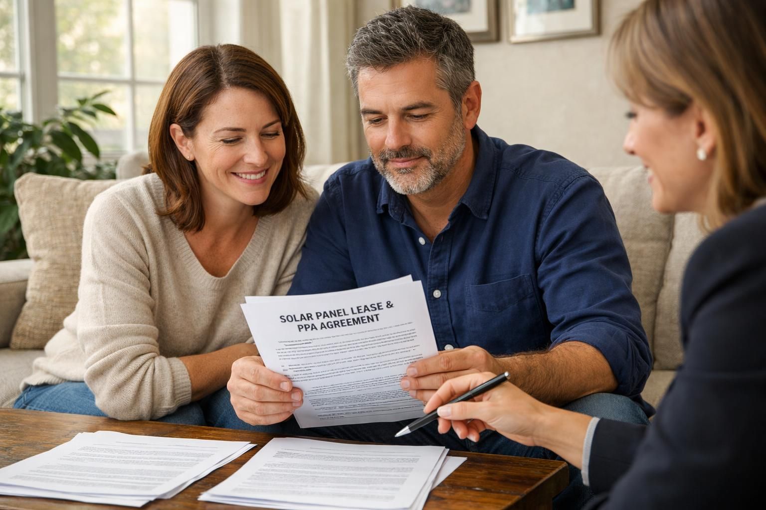 A couple reviews solar panel lease documents with their real estate agent.