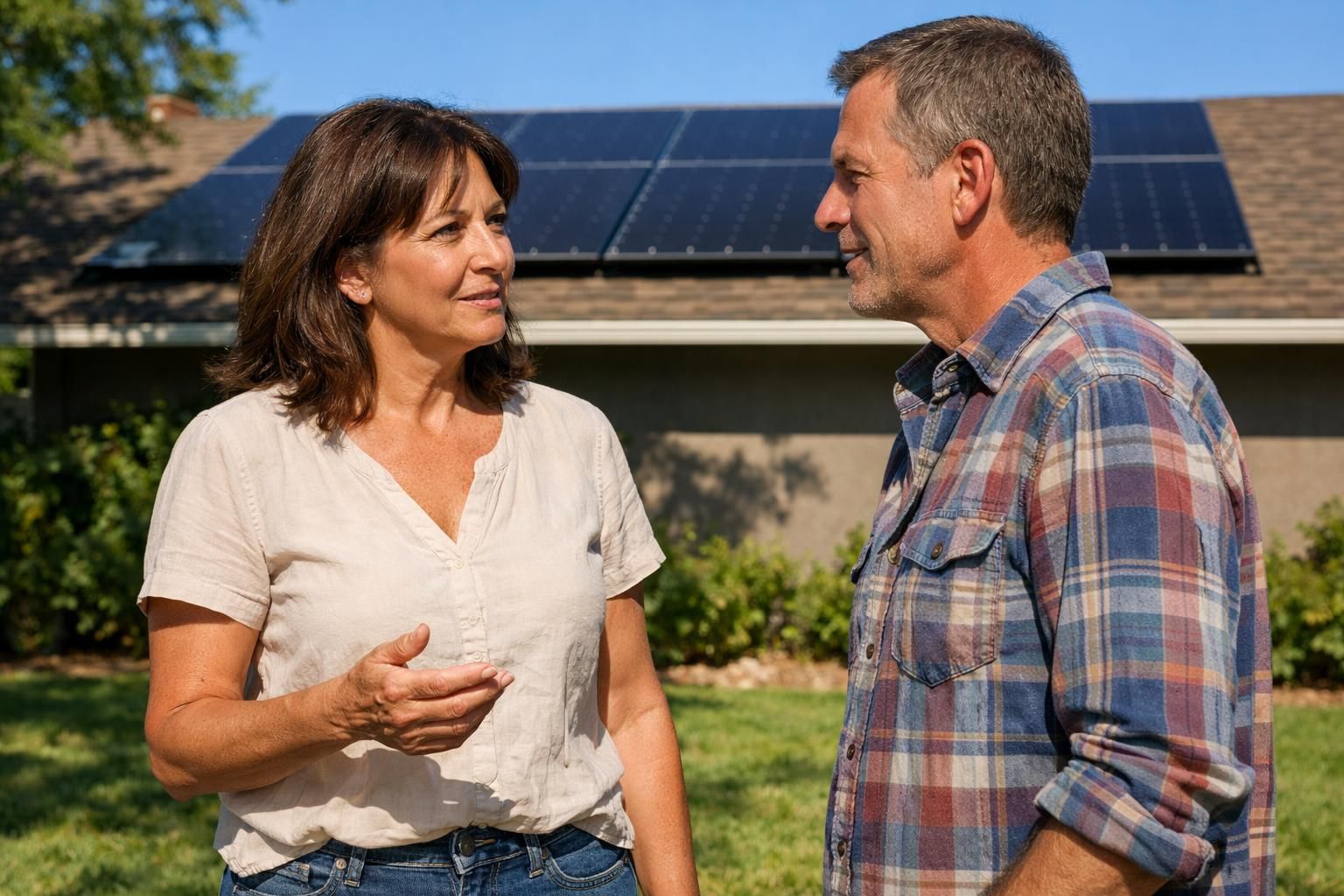 A middle-aged woman and man engage in conversation in a backyard.