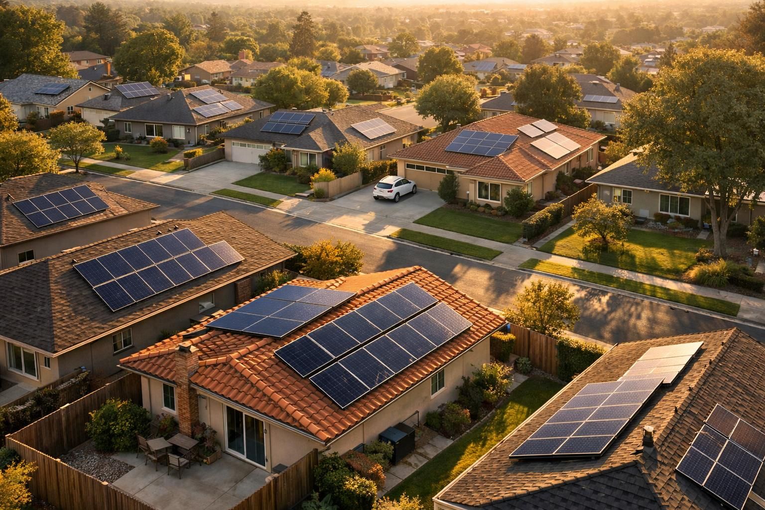 Aerial view of a solar-paneled suburban neighborhood with lush yards.