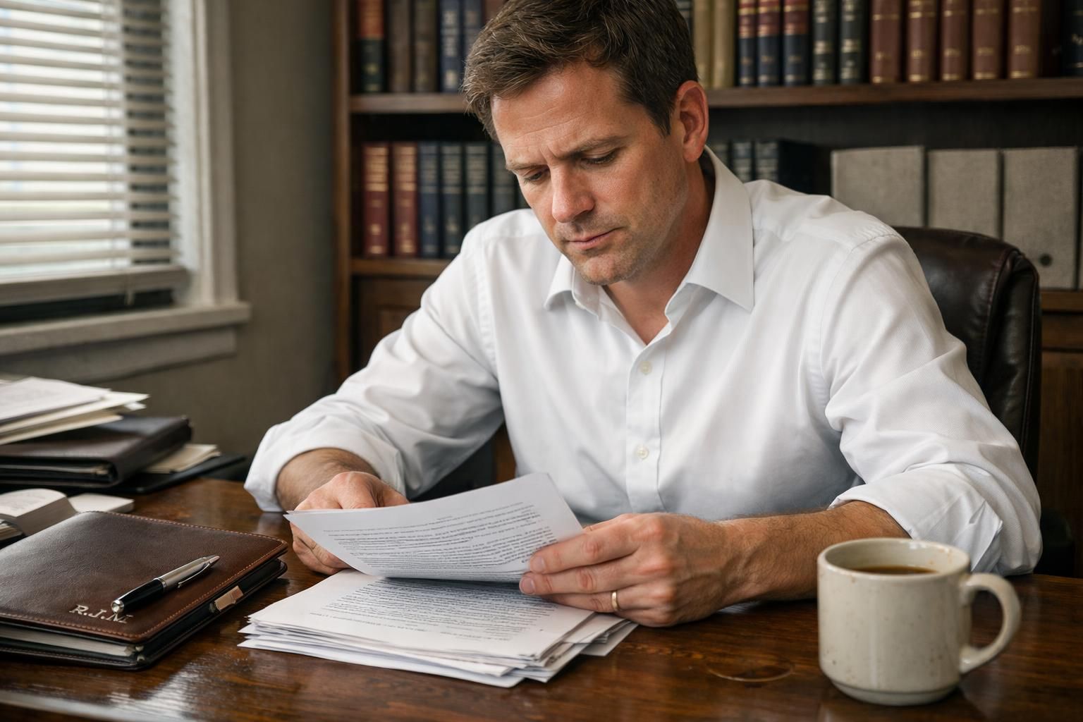A focused real estate attorney reviews legal documents at their desk. A focused real estate attorney reviews legal documents at their desk.