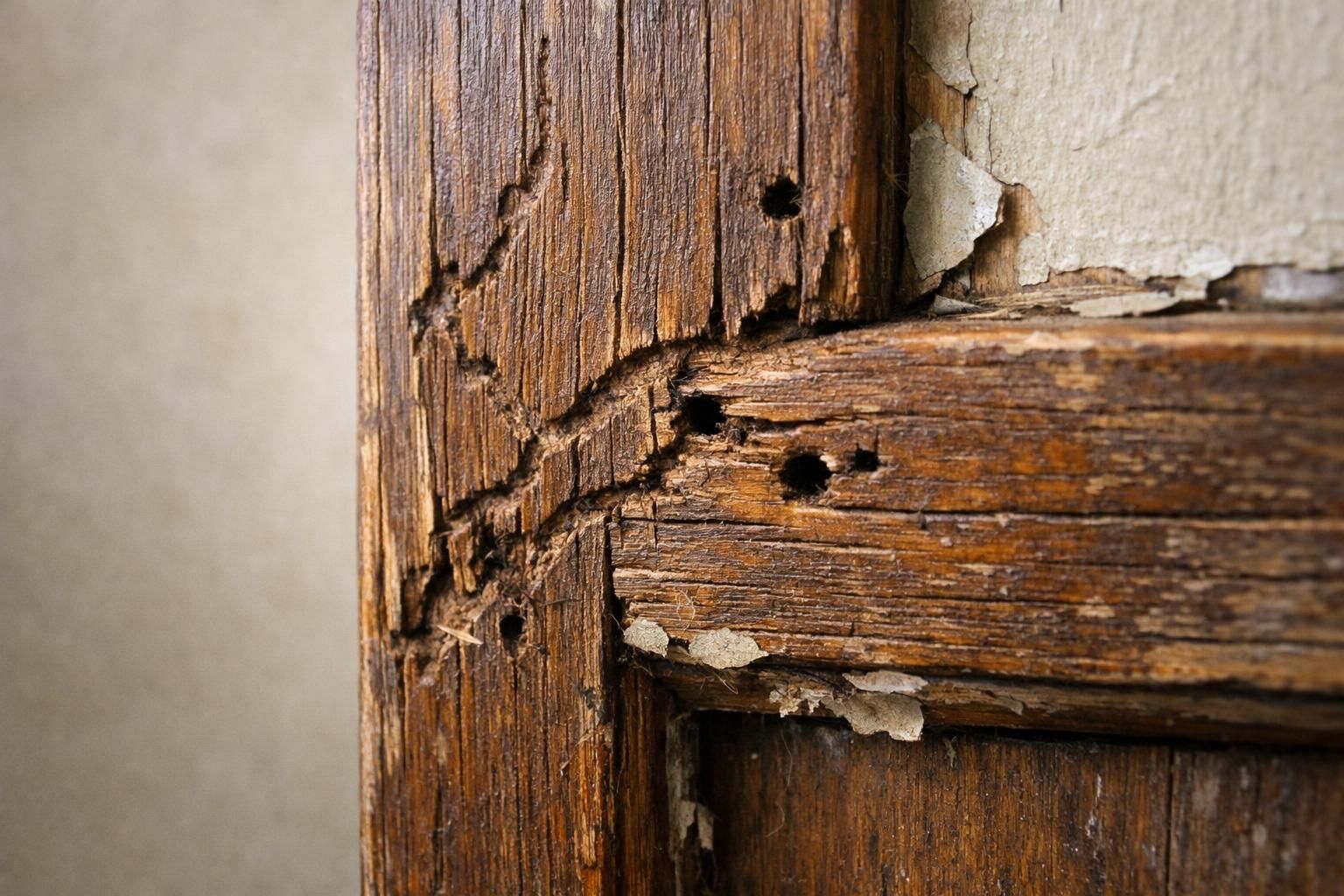 Weathered wooden door frame showing cracks, termite trails, and peeling paint.