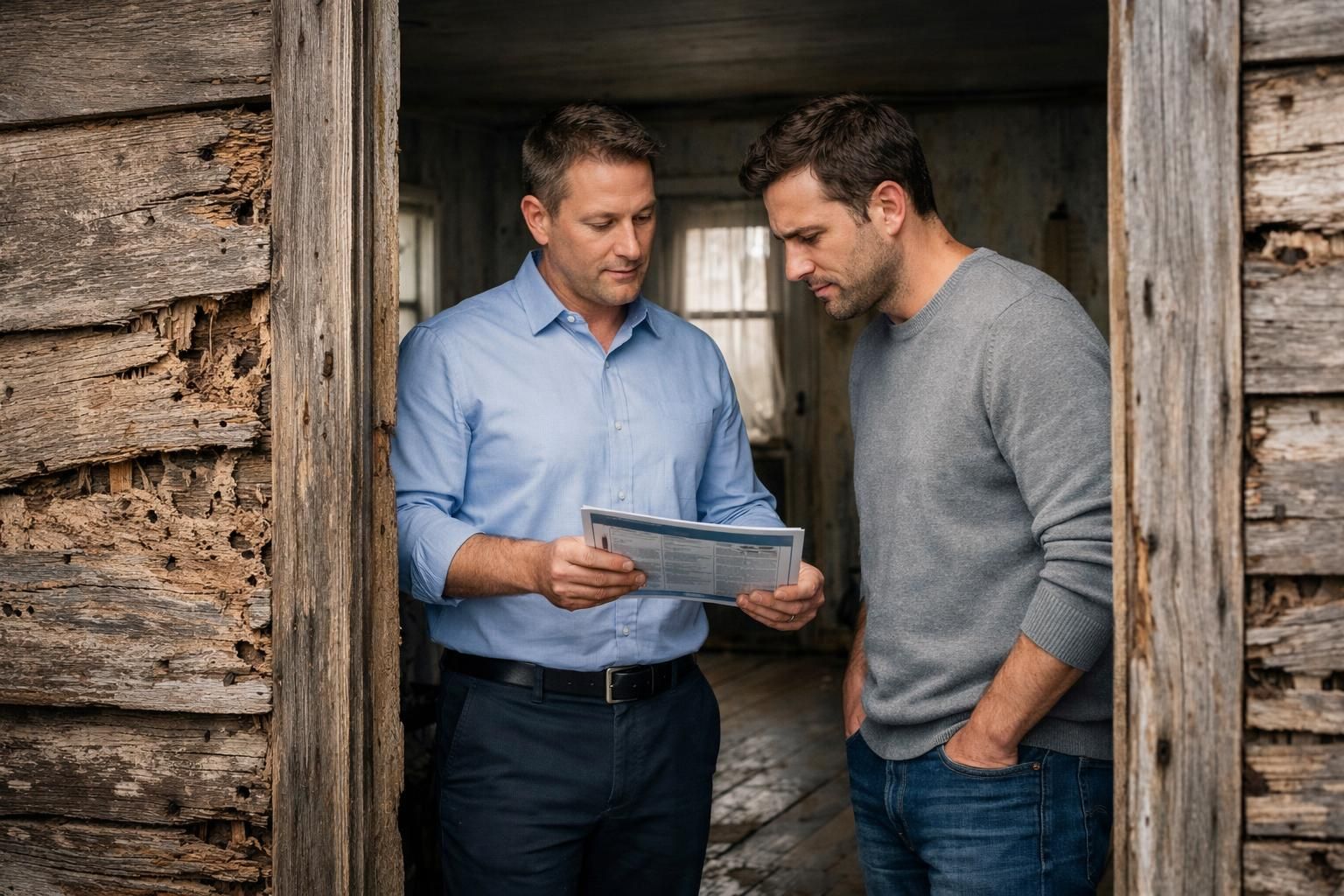 A real estate agent discusses home inspection findings with a concerned buyer.