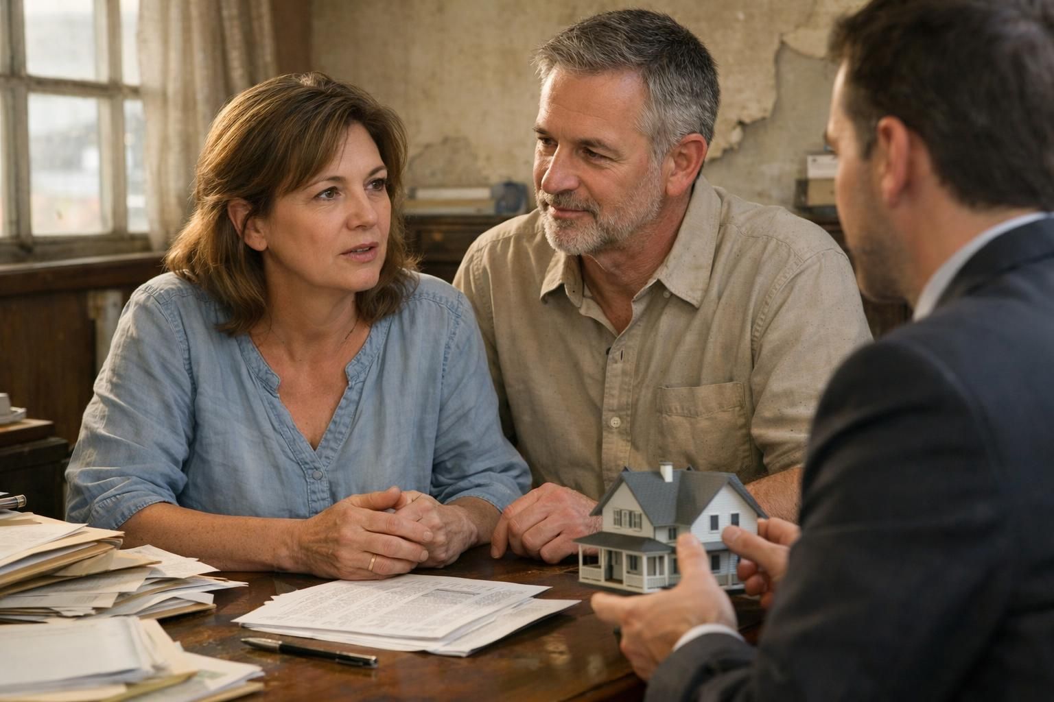 A middle-aged couple consults with a real estate agent in a cluttered office.