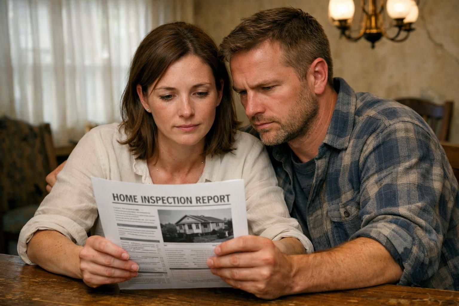 A couple anxiously reviews a detailed home inspection report at dinner.
