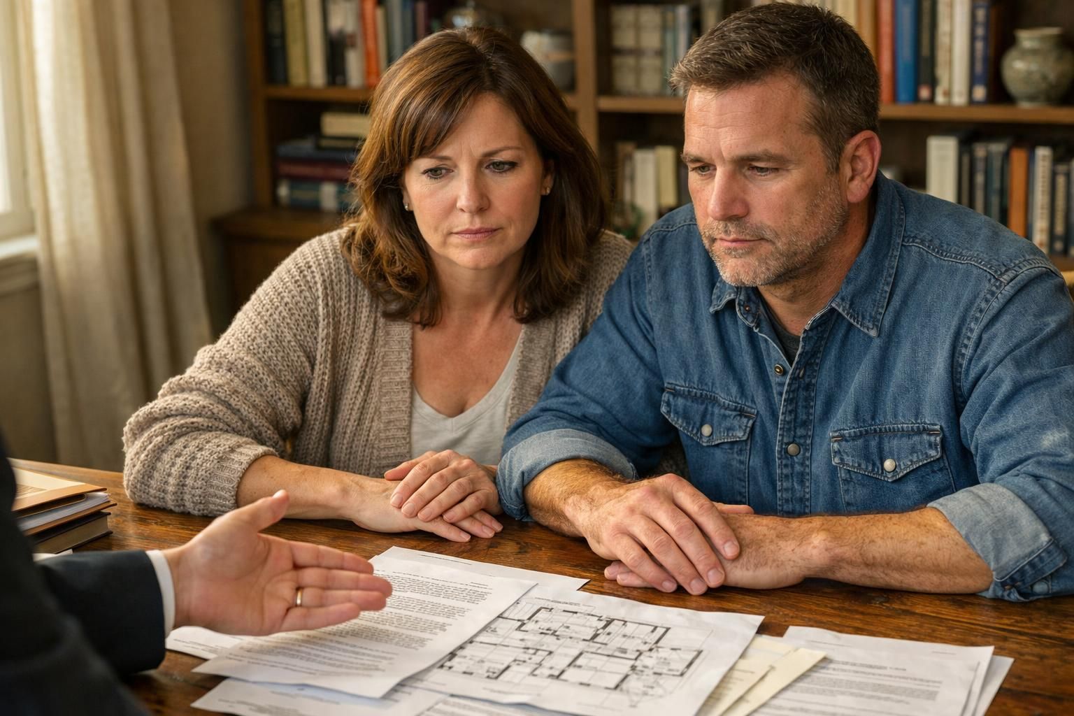 A couple discusses documents with a real estate agent in their office.